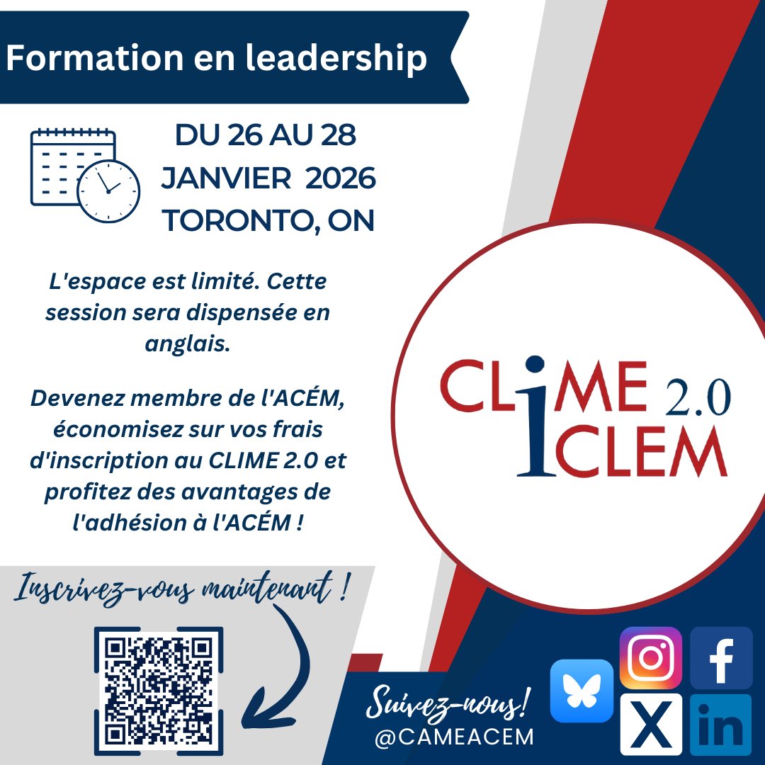 Notre programme ICLÉM 2.0 se déroulera du 26 au 28 janvier 2026  à Toronto ! Ne manquez pas cette formation passionnante en leadership dans le domaine de l’éducation médicale. Pour plus d’informations, veuillez scanner le code QR ou cliquez ici : came-acem.ca/professional-d…
