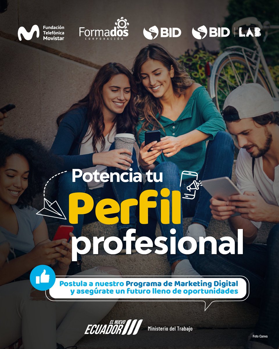Tecnológico Universitario Argos (@tecno_argos) on Twitter photo 💼 Sé el candidato ideal para los empleos más demandados formándote en #MarketingDigital.
🚀 ¡Postula Ahora! ➡️ encuentraempleo.trabajo.gob.ec/socioEmpleo-wa…
Una iniciativa de <a href="/MinTrabajoEc/">Ministerio del Trabajo Ecuador 🇪🇨</a>, <a href="/FTMovistarEc/">Fundación Telefónica Movistar Ec</a>, <a href="/el_BID/">Banco Interamericano de Desarrollo</a> y <a href="/IDB_Lab/">IDB Lab</a>. Con el apoyo del Tecnológico Universitario Argos. 💼 Sé el candidato ideal para los empleos más demandados formándote en #MarketingDigital.
🚀 ¡Postula Ahora! ➡️ encuentraempleo.trabajo.gob.ec/socioEmpleo-wa…
Una iniciativa de <a href="/MinTrabajoEc/">Ministerio del Trabajo Ecuador 🇪🇨</a>, <a href="/FTMovistarEc/">Fundación Telefónica Movistar Ec</a>, <a href="/el_BID/">Banco Interamericano de Desarrollo</a> y <a href="/IDB_Lab/">IDB Lab</a>. Con el apoyo del Tecnológico Universitario Argos.