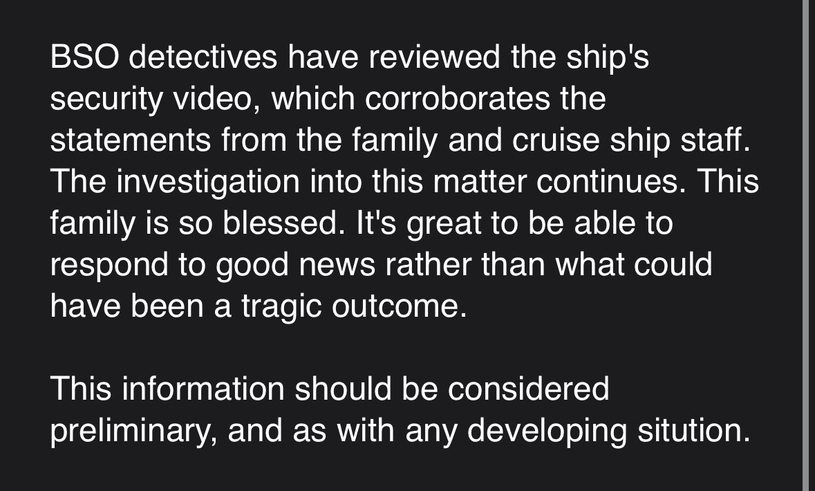 Broward Sheriff’s Office just provided the latest update on the 5 year old child that fell off the Disney cruise ship over the weekend.  <a href="/wsvn/">WSVN 7 News</a>