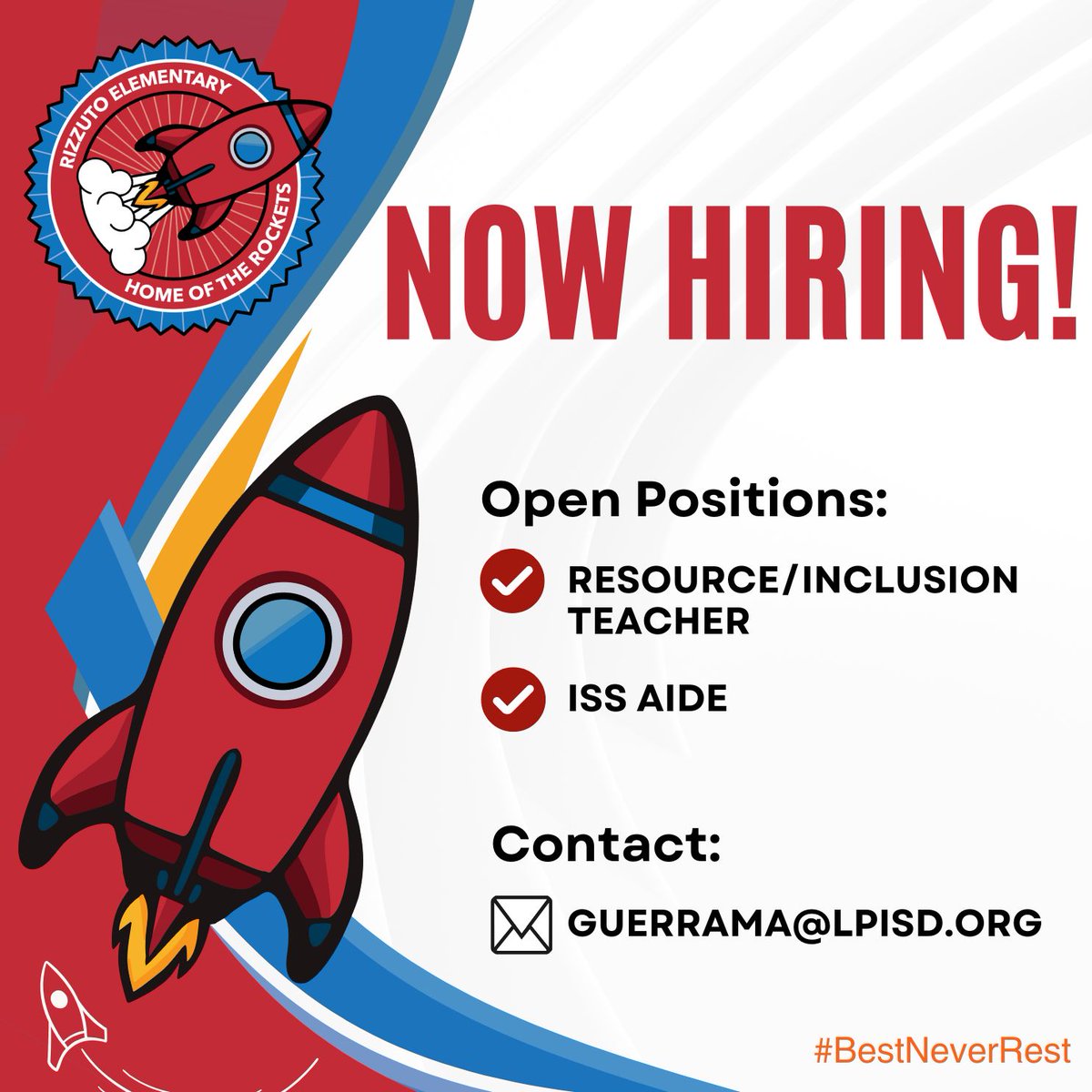 RIZZUTOELEM's tweet image. Join our TEAM! Our Rizzuto Family is growing, and we’re looking for great people to join our AWESOME team. Reach out to Ms. Guerra for more info! @lpisd @MGuzmanGuerra1 #LPLegacy #BestNeverRest