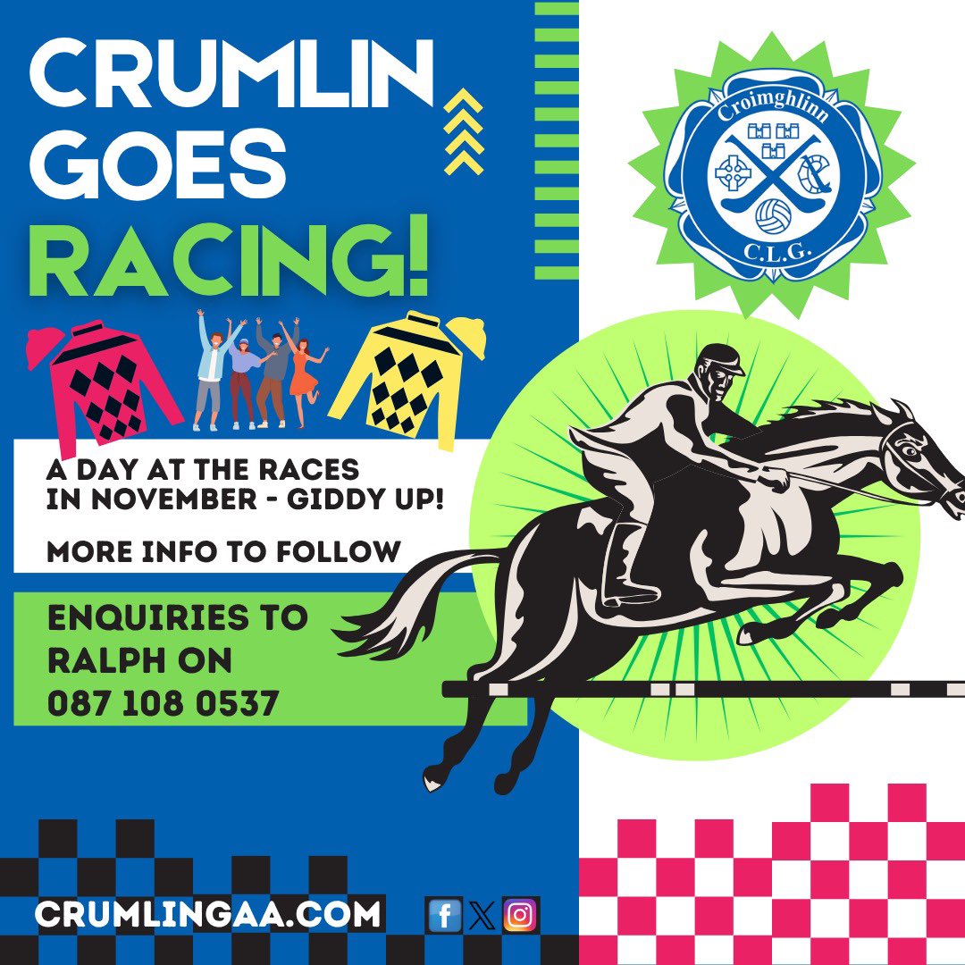 Crumlin goes racing!

We are organising a day at the races in November. This is just a heads up and there will be more info to follow asap. 

Contact Ralph for any enquiries on 087 108 0537

Your Club. Your Community. Your Crumlin. 

#crumlingaa #crumlin #gaa #lgfa #camogie