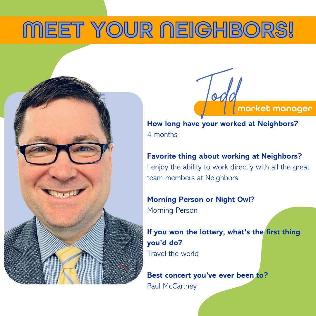 NeighborsCU's tweet image. #MeetYourNeighbors and get to know the faces behind Neighbors Credit Union! This week we are shining the spotlight on Todd, one of our branch managers!🌟

#YourNeighborForLife #EmployeeSpotlight