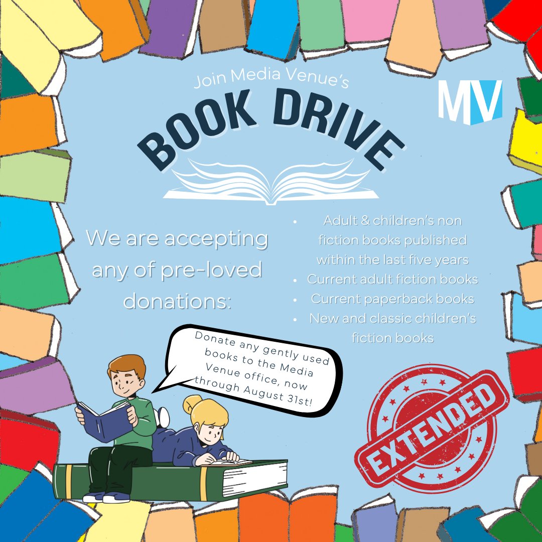 MediaVenue's tweet photo. Media Venue's Book Drive is being extended! We are still collecting books through the end of August.

Drop off your gently used books to the Media Venue office and help give the gift of learning! 

#MediaVenue #MarketingPlan #Advertisements #BookDrive https://t.co/UVc8ZnaGXp