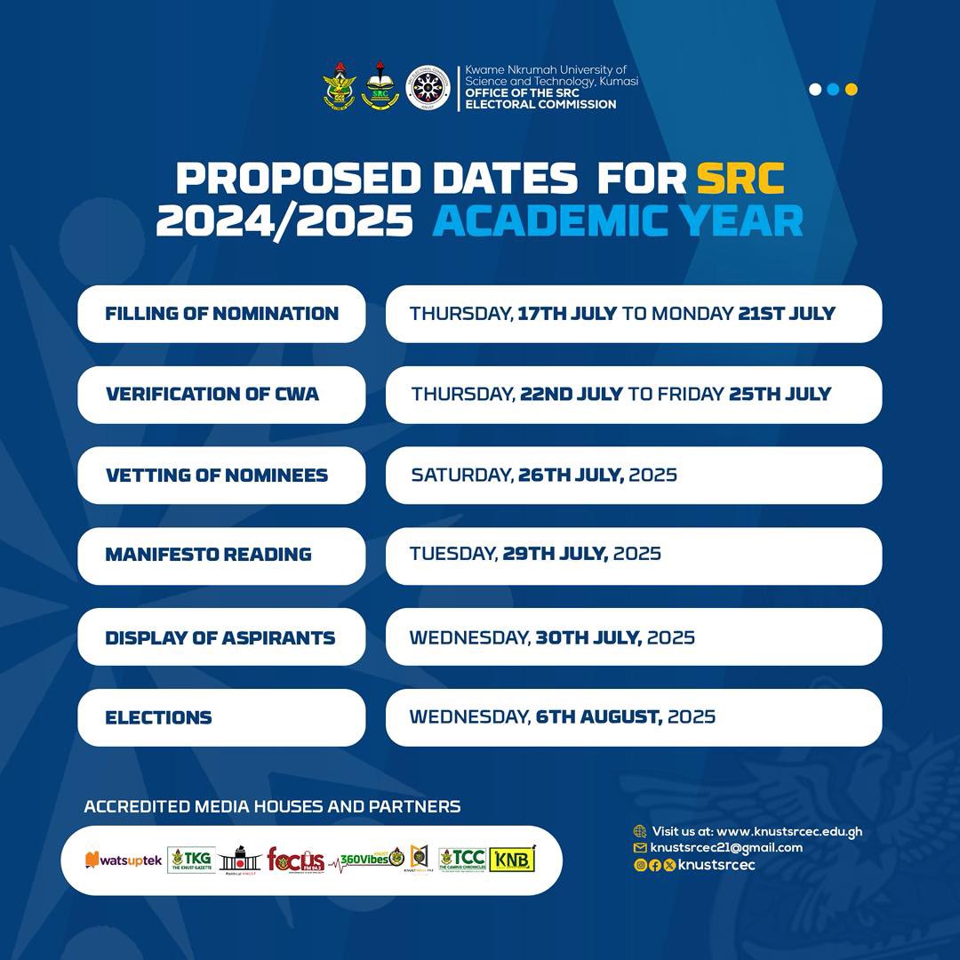 Mr_Ray083's tweet photo. Dates and Timelines for the 2025 KNUST SRC ELECTIONS.
@KaneNanaFrancis @knust_src @Thevokofficial https://t.co/2LGR3SHbOi