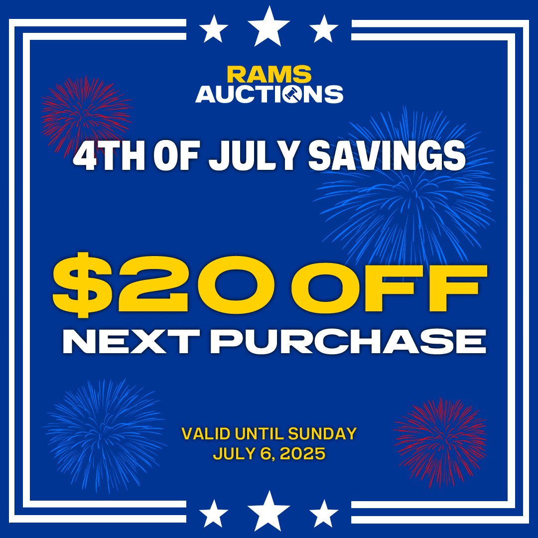 FINAL CALL, LOS ANGELES! 🌉 Get ready for an explosive 4th of July! 💥 Score $20 OFF your next purchase! 🎆 This incredible deal is heading for the end zone after Sunday, July 6th, so catch it before it's too late! ⏰ Charge into your savings now at therams.com/auctions and