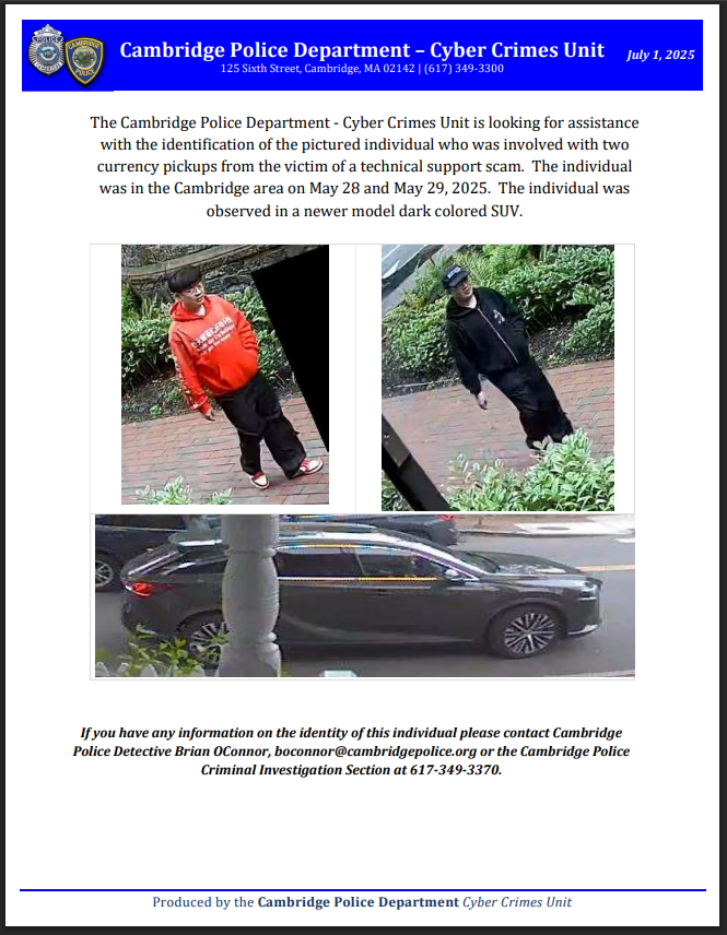 Do you know this individual? The CPD Cyber Crime Unit is looking for assistance with their identification in regards to an on-going scam investigation in #CambMA. 
Read more: cambridgema.gov/Departments/ca…