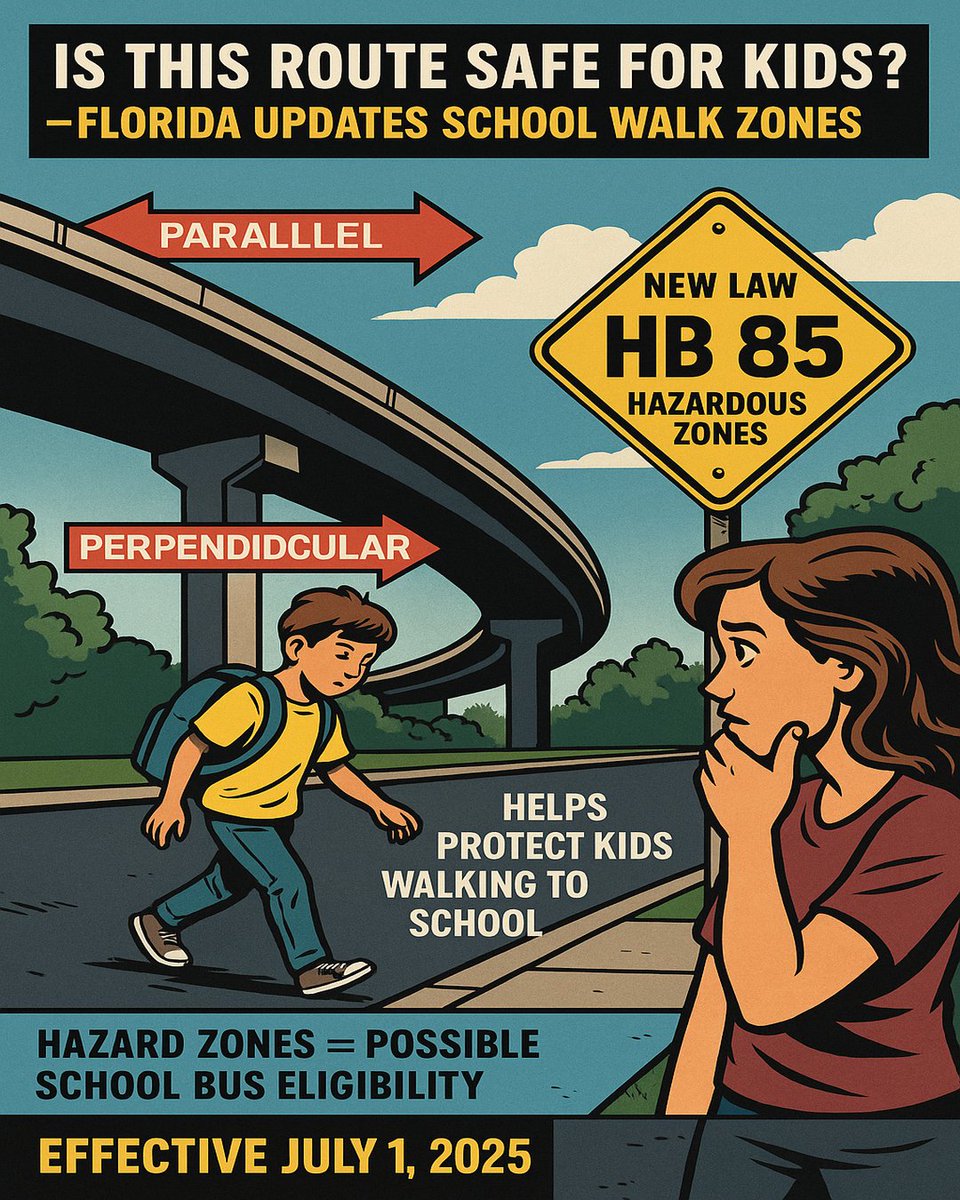 KYRFlorida's tweet image. 🚸 New FL Law Alert (HB 85)
Kids walking near highways &amp;amp; ramps may now qualify for school bus rides under hazardous route rules.
⚖️ Know what changed. Protect your child.

🔗 KYRF.org | 👕 ShopKYRF.com
#FloridaLaw #HB85 #SchoolSafety