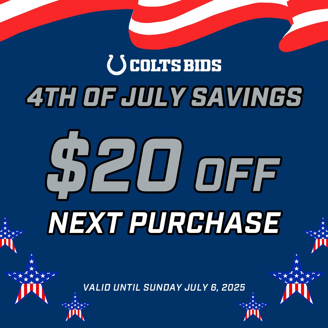 TIME IS RUNNING OUT, INDIANAPOLIS! 🔵 Get ready to light up your 4th of July! ✨ We're celebrating big with $20 OFF your next purchase! 🎆 This fantastic offer rides away after Sunday, July 6th, so gallop over and claim it! ⏰ Grab your discount today at colts.com/bids