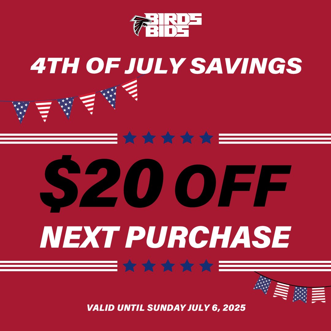 TIME IS RUNNING OUT, ATLANTA! 🏙️ We're launching some serious savings this 4th of July! 🎇 Get $20 OFF your next purchase! 🚀 This high-flying offer comes back to earth after Sunday, July 6th, so seize it while you can! ⏰ Claim your discount today at atlantafalcons.com/bids and