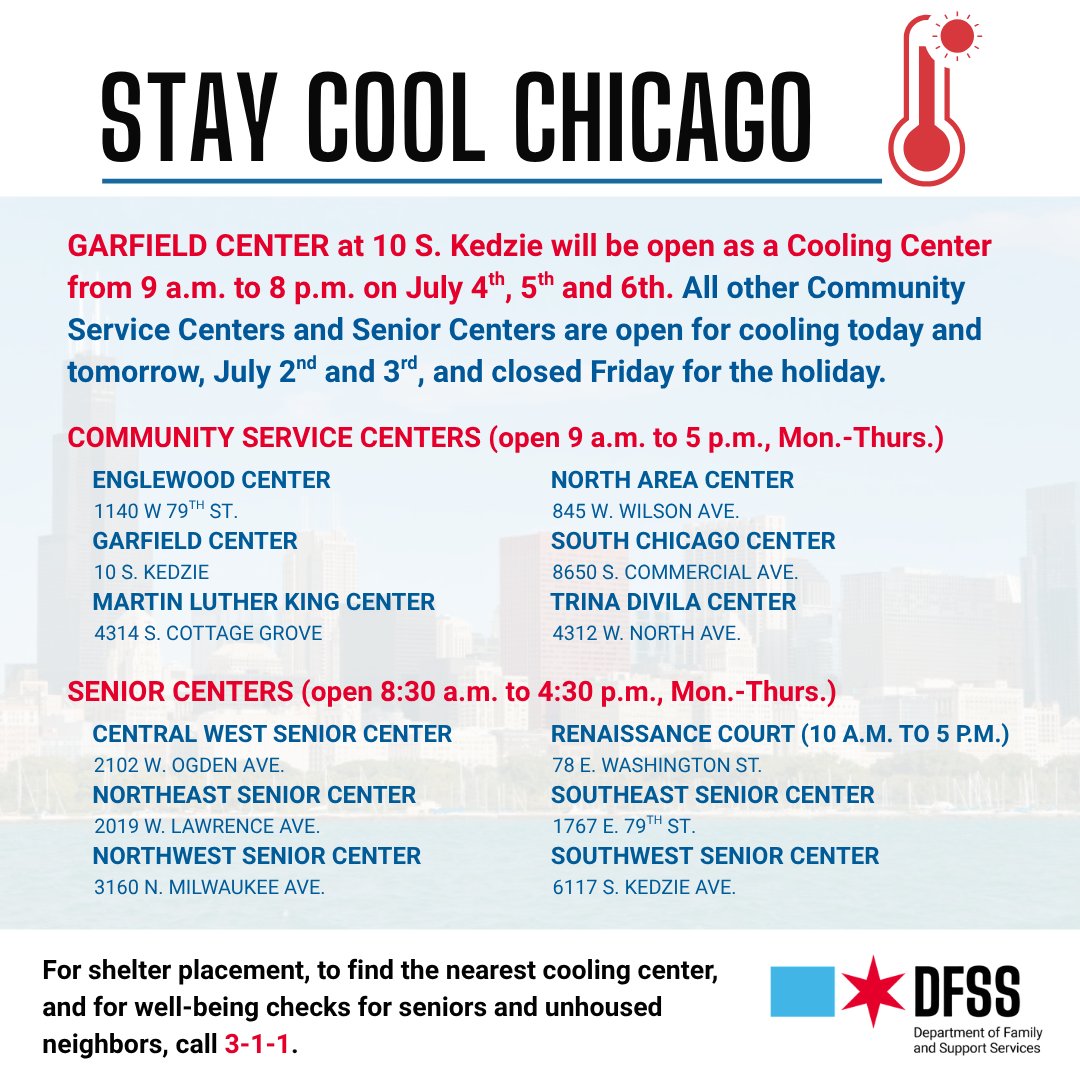 ChiFamSupport's tweet image. It's going to be a hot holiday weekend!
Garfield Community Service Center will be open as a Cooling Center from 9 a.m. to 8 p.m. on July 4th, 5th and 6th.
For a full list of citywide Cooling Center locations, visit data.cityofchicago.org/Health-Human-S….
Have a safe and happy Fourth of July!