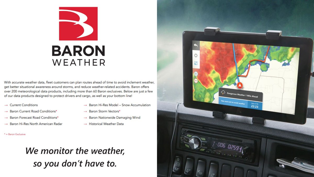 “We don’t have time to monitor the weather.” 
That’s why we built a solution to do it for you!

With Baron’s weather data integrated into ESP Logistics’ real-time asset tracking platform, fleets get:
- Automatic severe weather alerts
- Route optimization to avoid weather-related