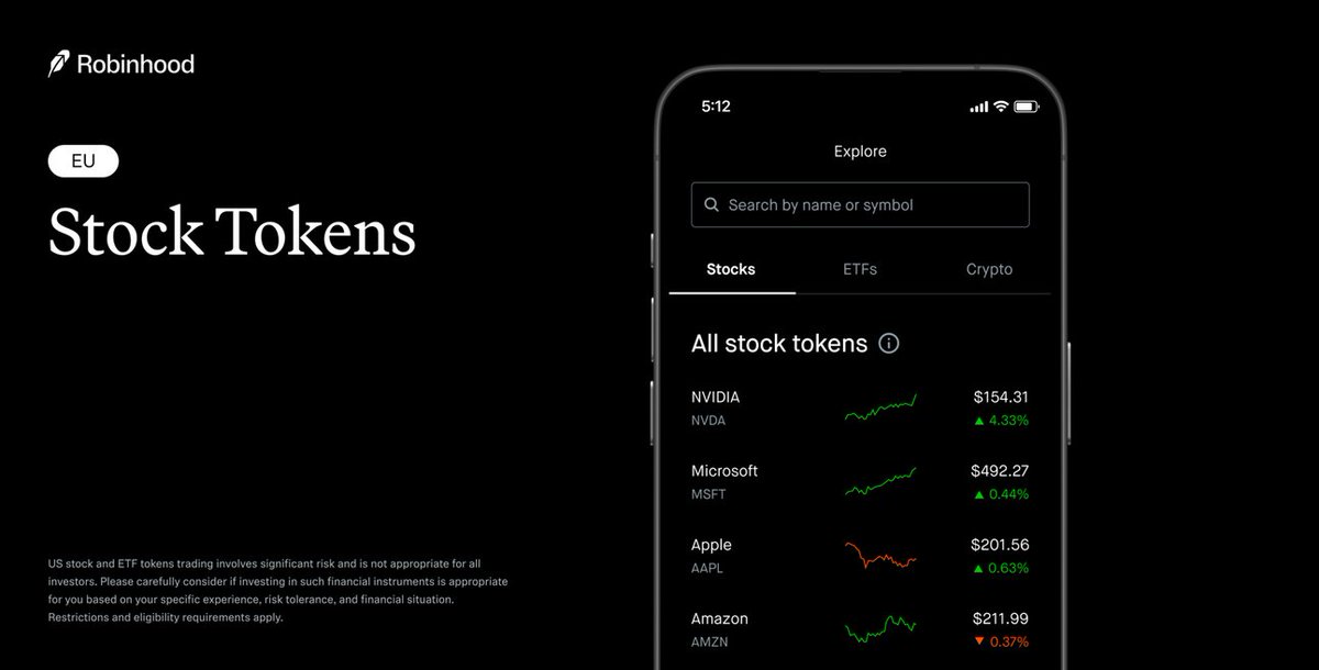 Robinhood Unveils Tokenized Stocks, Futures, and L2 👀

<a href="/RobinhoodApp/">Robinhood</a> announced a major expansion of its crypto and tokenized asset offerings in Europe and the US. The company will now let EU users buy over 200 tokenized versions of US stocks like Tesla and Apple.

&gt; These tokens