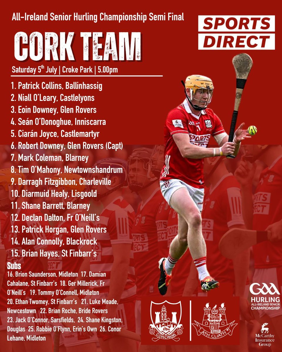 The Cork Senior Hurling Team to play Dublin in the All-Ireland Semi Final on Saturday 5th July at Croke Park, Dublin at 5pm has been announced. Best wishes to the Cork team and management. #BornToPlay #RebelsRising