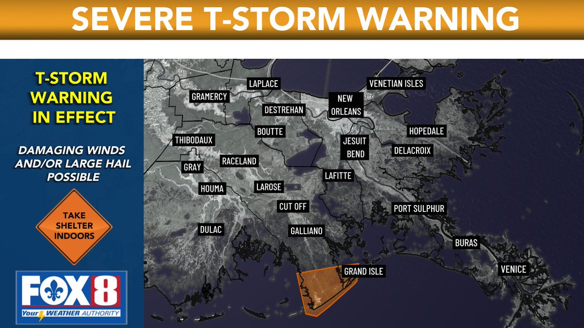 FOX8NOLA's tweet photo. SEVERE THUNDERSTORM WARNING: A severe storm is occurring. Take shelter indoors and away from windows.  #lawx #nola https://t.co/QWaPE1F8wX