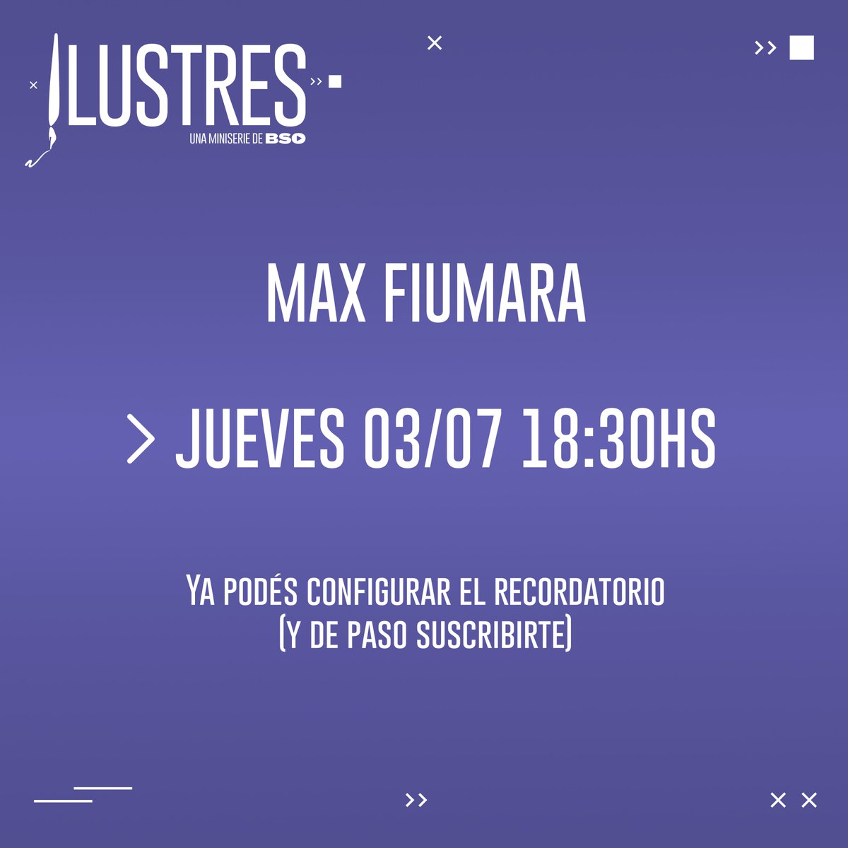 BSO (@bsoradio) on Twitter photo 📅 MAÑANA ESTRENO
Jueves 3 de julio
🖌️ Séptimo capítulo de 2025: Cirulo se encuentra con Max Fiumara.
📺t.ly/ZaQ73
Ya podés poner la campanita (y de paso suscribirte).
********
<a href="/MaxFiumara/">Max Fiumara</a> #ilustres #podcast #ilustracion #dibujo #pintura #historieta #comic 📅 MAÑANA ESTRENO
Jueves 3 de julio
🖌️ Séptimo capítulo de 2025: Cirulo se encuentra con Max Fiumara.
📺t.ly/ZaQ73
Ya podés poner la campanita (y de paso suscribirte).
********
<a href="/MaxFiumara/">Max Fiumara</a> #ilustres #podcast #ilustracion #dibujo #pintura #historieta #comic