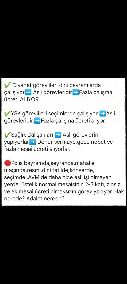 Günlük 8 saatten fazla çalışıp mesai ücreti almayan,gece çalışıp nöbet ücreti almayan,ek görevlere gidip görev parası almayan,haftasonları,resmi ve dini bayram tatillerinde karşılığı olmadan daha fazla çalışan sendikası olmayan polisten başka kimse yok #PoliseNedenHaram
