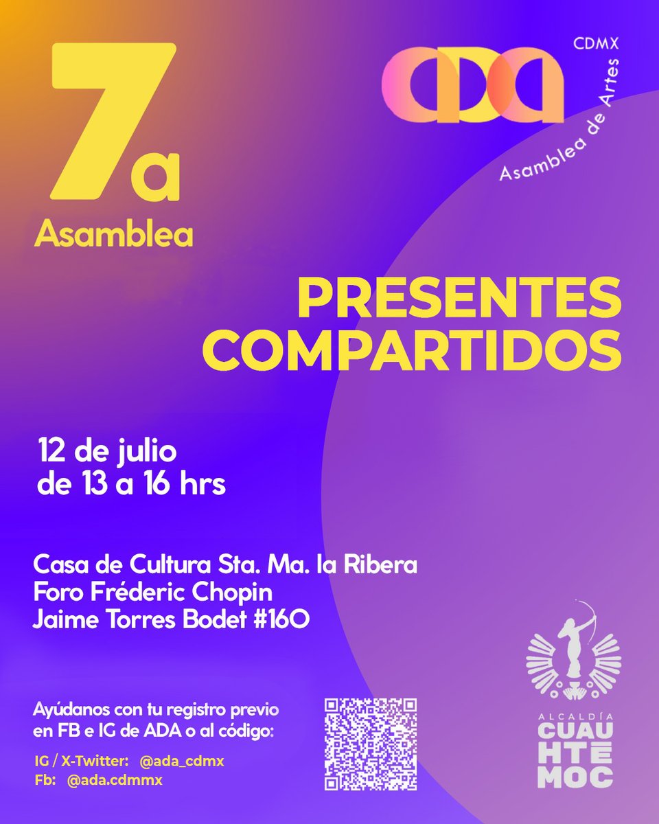 7a ASAMBLEA! Evento gratuito pero registro obligatorio tinyurl.com/2v5rssxr  Hablaremos sobre los nuevos Consejos, trabajaremos en la agenda de cultura de CDMX y el PEF 2026!! ¿Están listos para participar y aportar ideas? #CulturaCDMX #ArtesCDMX #cdmx