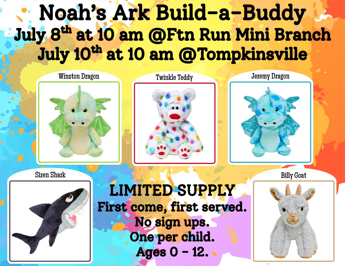Coming up next TUESDAY (July 8th) at 10 am
<a href="/FOUNTAIN/">Fountain</a>
RUN and THURSDAY (July 10th) at 10 am @WBHML Tompkinsville: 
‼️NOAH'S ARK BUILD-A-BUDDY WORKSHOP📷 Limited supply!  ‼️

NO sign ups: first come, first served. One Buddy per child.