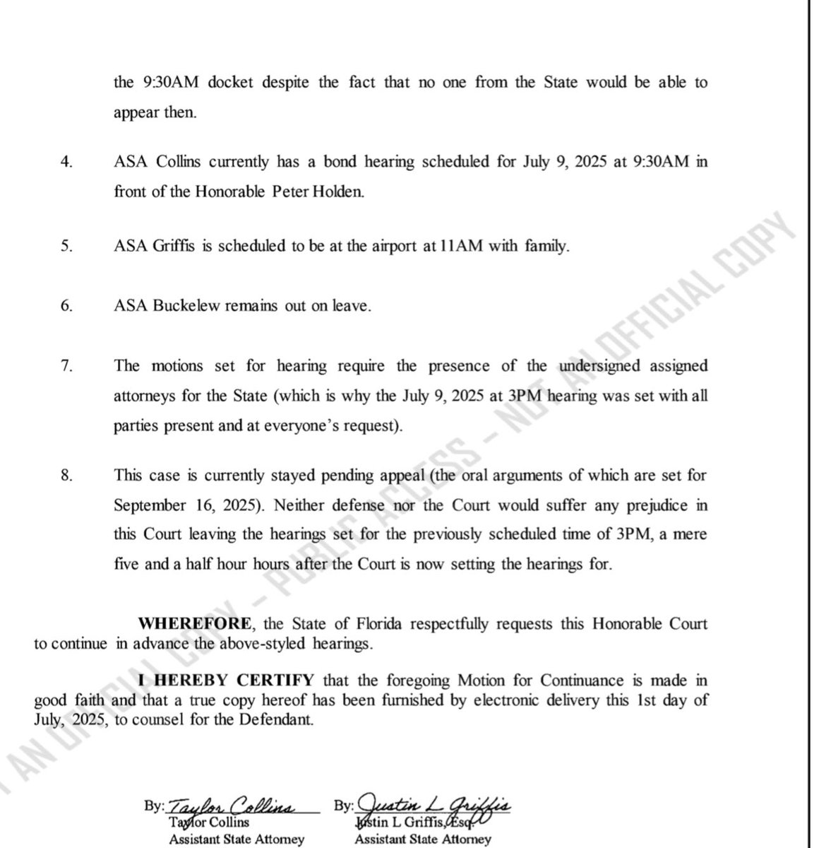 Bryson “Boom” Paul (@brysonboompaul) on Twitter photo #YNWMellyRetrial: ASA Taylor Collins and ASA Justin Griffis filed a Motion To Continue Court’s Rescheduled Hearings on <a href="/YNWMelly/">Melvin & Melly 2 Face 🌗</a>’s Motion For Rehearing & Motion To Compel with Broward County Clerk on Tuesday (July 1).
The State requests the Court reset the hearings to the #YNWMellyRetrial: ASA Taylor Collins and ASA Justin Griffis filed a Motion To Continue Court’s Rescheduled Hearings on <a href="/YNWMelly/">Melvin & Melly 2 Face 🌗</a>’s Motion For Rehearing & Motion To Compel with Broward County Clerk on Tuesday (July 1).
The State requests the Court reset the hearings to the