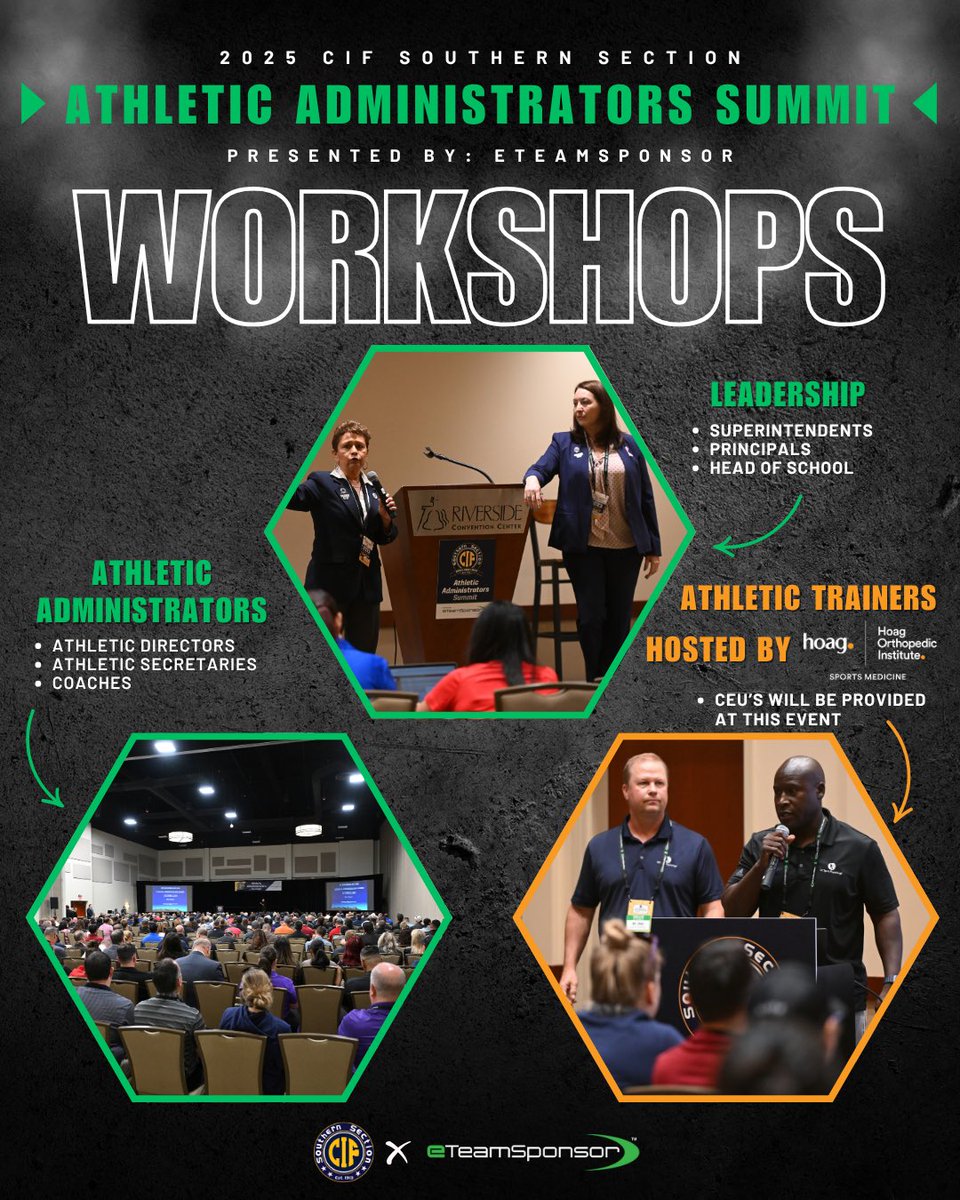CIFSS's tweet image. Time to run it back in Riverside for the 2025 CIF-SS Athletic Administrators Summit presented by @eteamsponsor! 🤩

Workshops ⬇️

- Athletic Administrator Track
- Leadership Track 
- Athletic Trainer Track Hosted by @HoagOrthopedic

🔗 Early registration link in bio!

#CIFSS