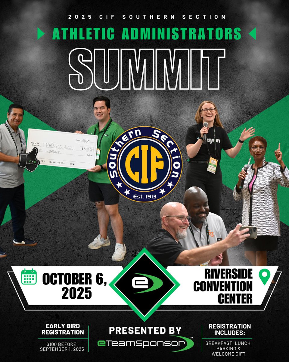 CIFSS's tweet image. Time to run it back in Riverside for the 2025 CIF-SS Athletic Administrators Summit presented by @eteamsponsor! 🤩

Workshops ⬇️

- Athletic Administrator Track
- Leadership Track 
- Athletic Trainer Track Hosted by @HoagOrthopedic

🔗 Early registration link in bio!

#CIFSS