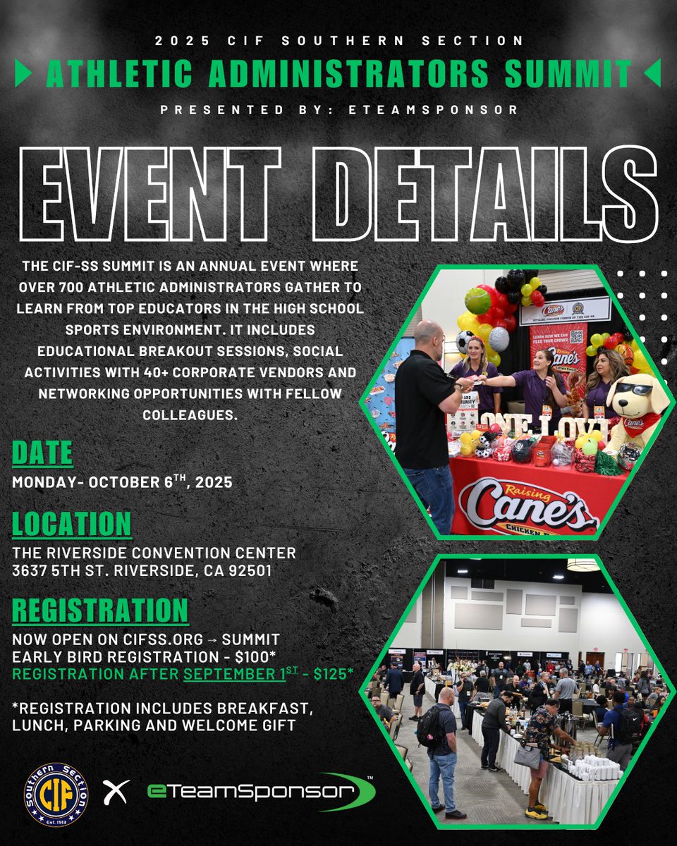 CIFSS's tweet image. Time to run it back in Riverside for the 2025 CIF-SS Athletic Administrators Summit presented by @eteamsponsor! 🤩

Workshops ⬇️

- Athletic Administrator Track
- Leadership Track 
- Athletic Trainer Track Hosted by @HoagOrthopedic

🔗 Early registration link in bio!

#CIFSS
