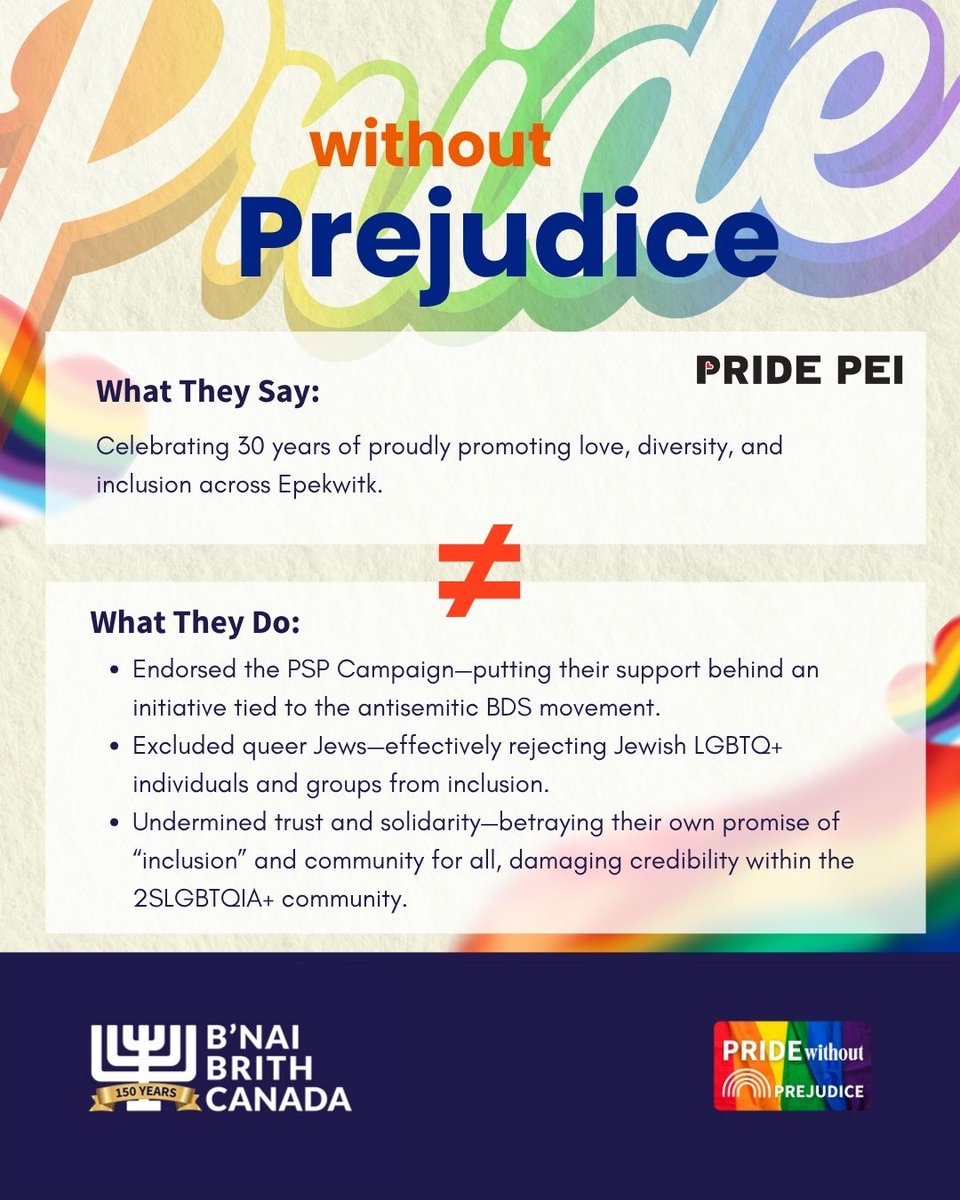 bnaibrithcanada's tweet image. Pride PEI has endorsed the PSP Campaign. The campaign advances the antisemitic Boycott, Divestment, and Sanctions (BDS) movement. This decision sends a painful message: queer Jews are not welcome in their vision of Pride.
This is not inclusion. This is not progress. This is a…