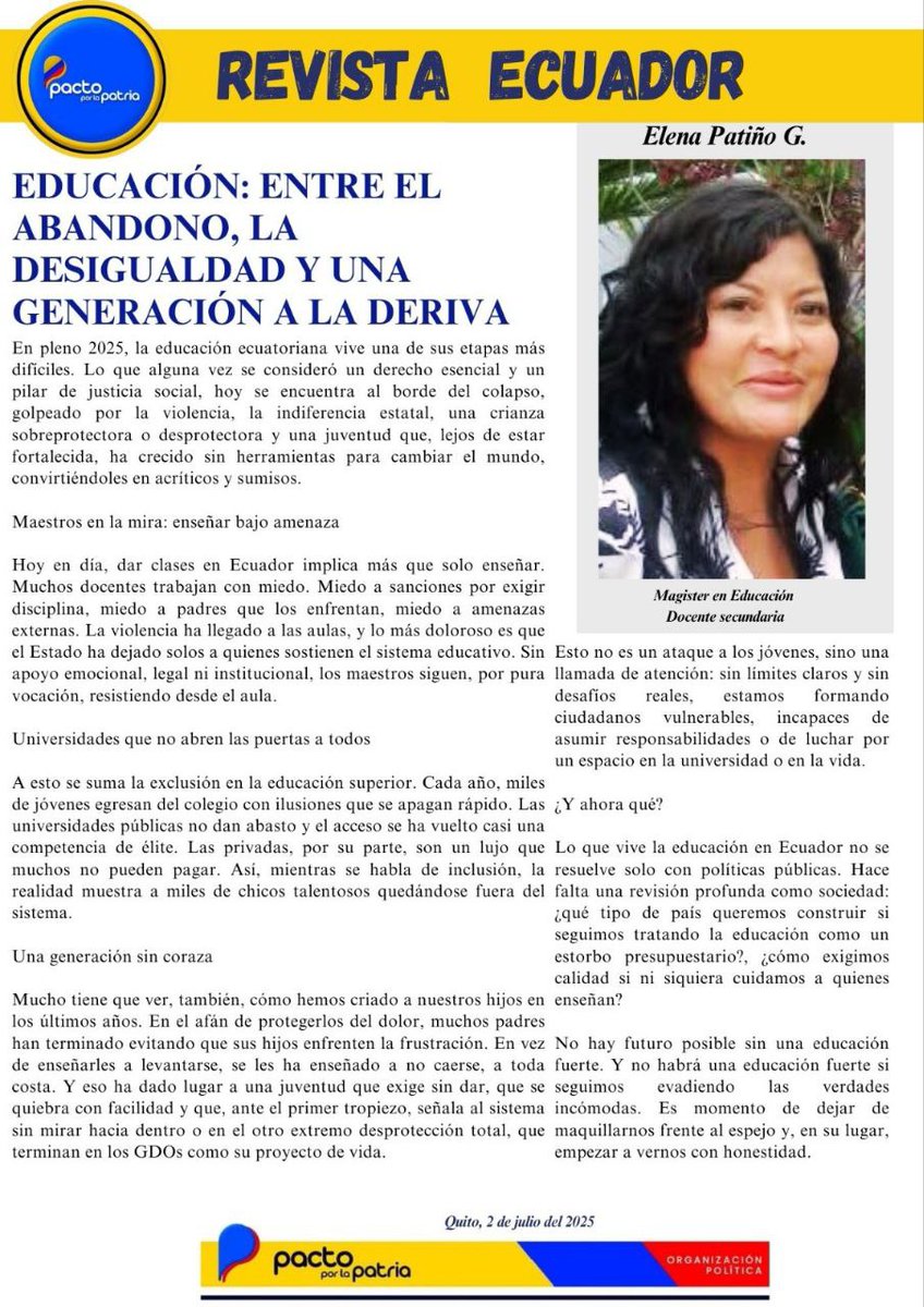 Pacto Por La Patria (@pactoxlapatria) on Twitter photo 💧#RevistaEcuador || 🇪🇨
Espacio digital de análisis y opinión sobre política, economía, sociedad y cultura de nuestro país.
📚Lee, reflexiona y actúa. Súmate a la conversación por un #EcuadorMejor 🙋♂️
Tenemos un #PactoPorLaPatria 🤝
▶️ <a href="/PactoxlaPatria/">Pacto Por La Patria</a>
#PP 💧#RevistaEcuador || 🇪🇨
Espacio digital de análisis y opinión sobre política, economía, sociedad y cultura de nuestro país.
📚Lee, reflexiona y actúa. Súmate a la conversación por un #EcuadorMejor 🙋♂️
Tenemos un #PactoPorLaPatria 🤝
▶️ <a href="/PactoxlaPatria/">Pacto Por La Patria</a>
#PP