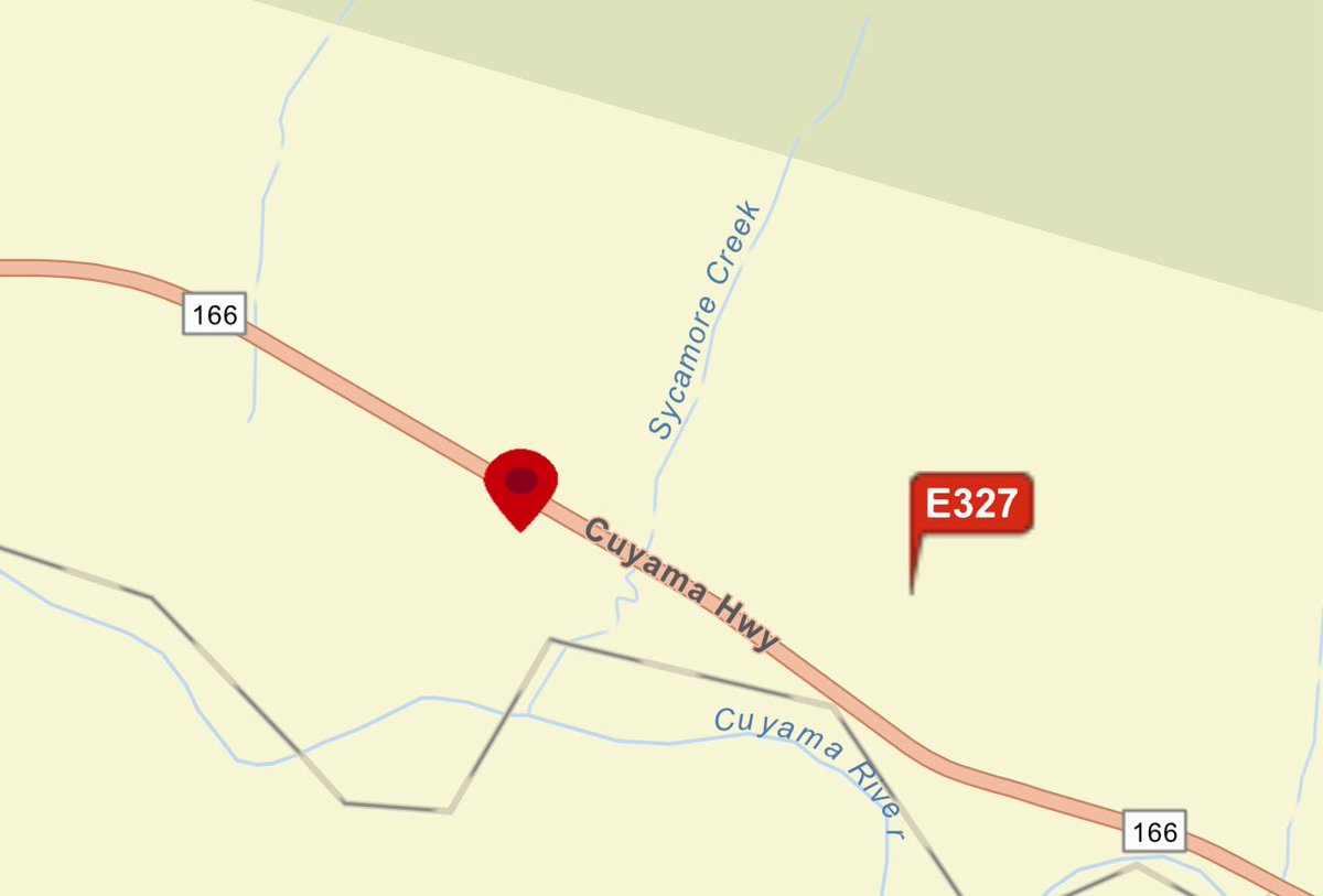 Vegetation Fire “Cottonwood Inc.”.  Hwy 166 East of Sycamore Creek, just West of Rock Front Ranch, Cuyama corridor. SBC Fire E327 on scene, initial size-up estimates the fire at 100 acres in grass, transitioning to heavier vegetation, wind &amp; topography driven. SBC, SLO Cal Fire,
