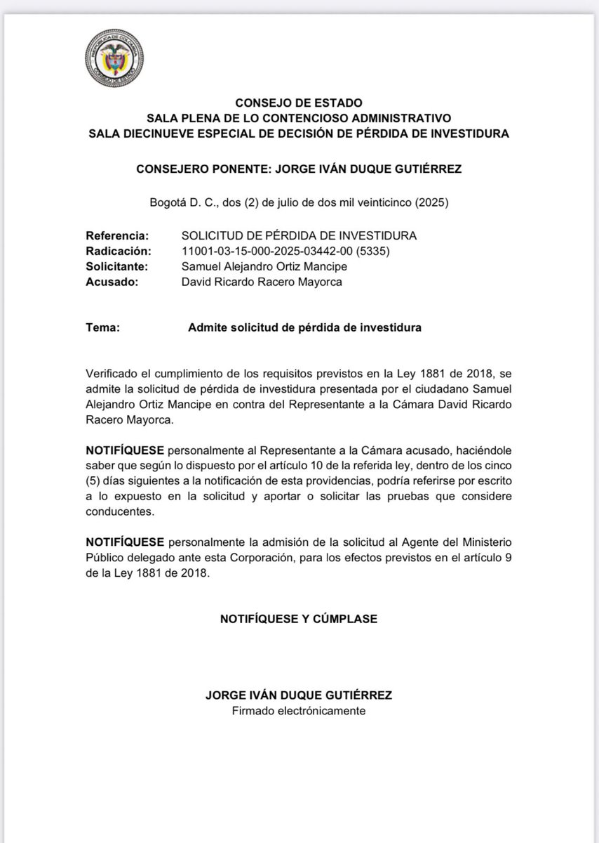 ÚltimaHoraCaracol (@ultimahoracr) on Twitter photo #JUSTICIA EL Consejo de Estado (@ConsejodeEstado) admitió una demanda que busca la pérdida de investidura o “muerte política” del congresista del Pacto Histórico, David Racero, por presunto tráfico de influencias al interior del Sena.
Vía <a href="/ClaudiaCamilaV/">Claudia Camila Vargas</a> #JUSTICIA EL Consejo de Estado (@ConsejodeEstado) admitió una demanda que busca la pérdida de investidura o “muerte política” del congresista del Pacto Histórico, David Racero, por presunto tráfico de influencias al interior del Sena.
Vía <a href="/ClaudiaCamilaV/">Claudia Camila Vargas</a>
