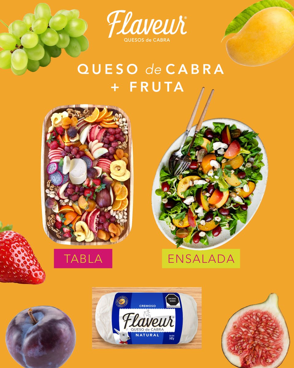 Flaveurquesos's tweet photo. Ya sea en una ensalada o en una tabla de quesos, la combinación de queso de cabra y fruta siempre es un acierto. Disfruta de un bocado que lo tiene todo: dulzura, cremosidad y frescura. ¡Descubre la explosión de sabores de combinar los sabores de Queso de Cabra con frutas! https://t.co/fcbH5CU6bj