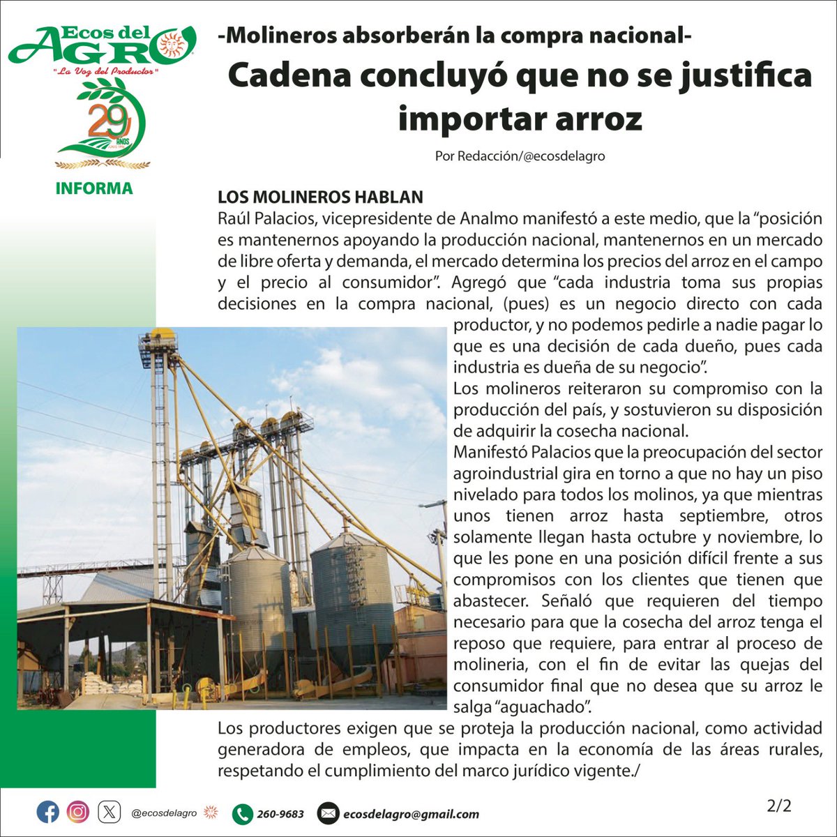 ECOS DEL AGRO (@ecosdelagro) on Twitter photo No se justifica importar un contingente por desabastecimiento de 1.1 millones de qq de arroz en cáscara.
Mientras que la agroindustria molinero afirma que están en disposición de adquirir la producción nacional.
<a href="/MIDAPma/">Ministerio de Desarrollo Agropecuario</a>
<a href="/MICIPMA/">Ministerio de Comercio e Industrias de Panamá</a>
<a href="/AnalmoPma/">Asociación de Molineros de Panamá</a> No se justifica importar un contingente por desabastecimiento de 1.1 millones de qq de arroz en cáscara.
Mientras que la agroindustria molinero afirma que están en disposición de adquirir la producción nacional.
<a href="/MIDAPma/">Ministerio de Desarrollo Agropecuario</a>
<a href="/MICIPMA/">Ministerio de Comercio e Industrias de Panamá</a>
<a href="/AnalmoPma/">Asociación de Molineros de Panamá</a>