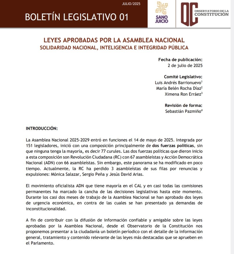 🔊 ¿Quieres saber sobre las leyes de 1️⃣ Solidaridad 2️⃣ Inteligencia e 3️⃣ Integridad Pública? 

Te lo contamos en el #BoletínLegislativo # 01 del Observatorio de la Constitución🔎.

Accede al boletín aquí: restitutio.ec/boletines