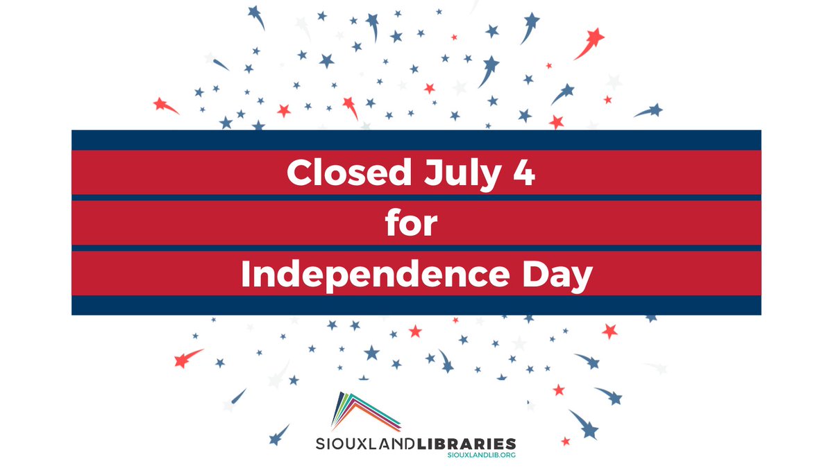 All Siouxland Libraries branches will be closed on Friday for the 4th of July. 🎆 

Regular hours resume on Saturday. siouxlandlib.org/about/all-bran…