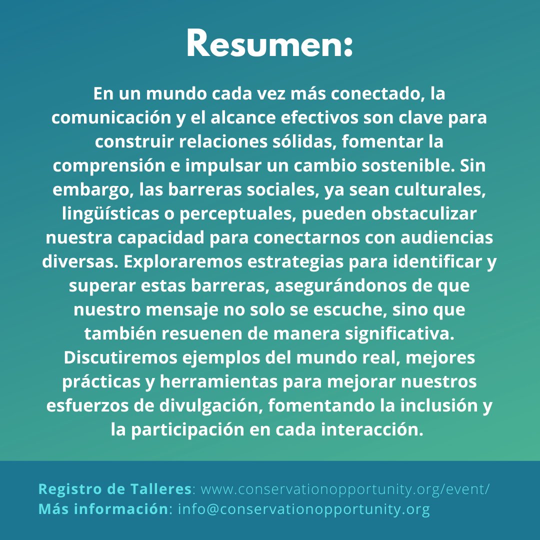 ConservationOpp's tweet image. ¡Nuestro segundo taller de Avance EXPO 2025! 🐝

Taller: Comunicación y Alcance, ¿Cómo enfrentar barreras sociales?
Presentadora: Miguelina Portorreal, Especialista en Comunicaciones

Regístrate aquí: forms.gle/AeRFoUwSm8oinM…
¡Te esperamos!