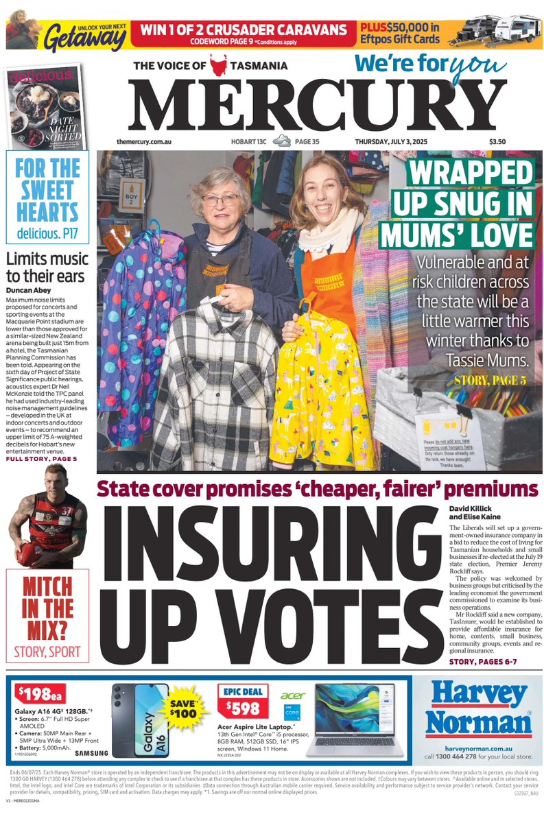 ★ Insuring Up Votes

▫The Liberals will set up a government-owned insurance company in a bid to reduce the cost of living for Tasmanian households and small businesses if re-elected at the July 19 state election
▫<a href="/DavidJKillick/">David Killick</a> <a href="/elise_kaine/">Elise Kaine</a>

#frontpagestoday #Tasmania