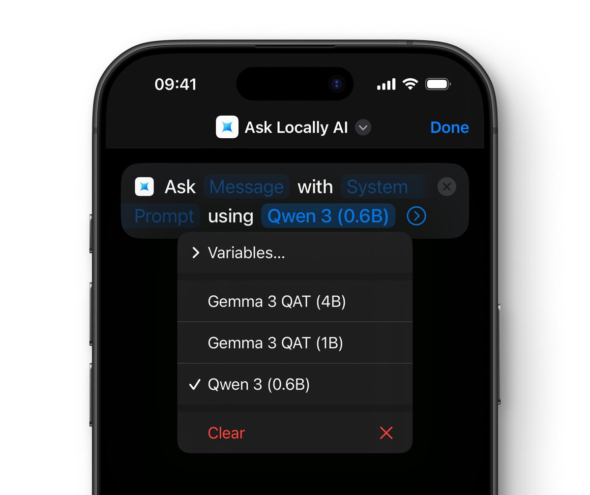 LocallyAIApp's tweet image. 📣 You can now select which model to use with our “Ask Locally AI” shortcut.
Available now with the latest update.