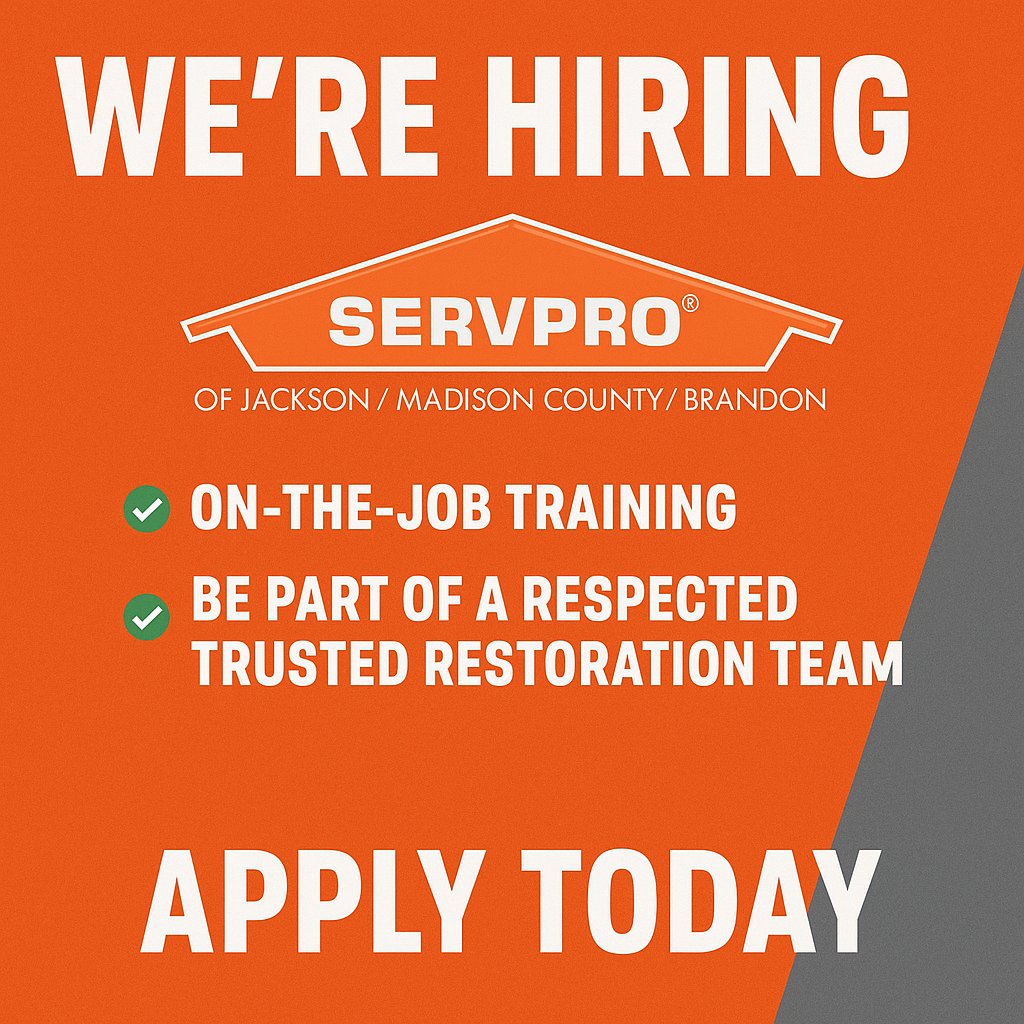 🚨 WE'RE HIRING! 🚨 Join SERVPRO of Jackson, Madison County, and Brandon! 

💟Apply: officemanager@servprojackson.com
💟 Call 601-353-2286

 #NowHiring #JoinOurTeam #SERVPRO #JacksonMS #MadisonMS #BrandonMS #RestorationJobs
