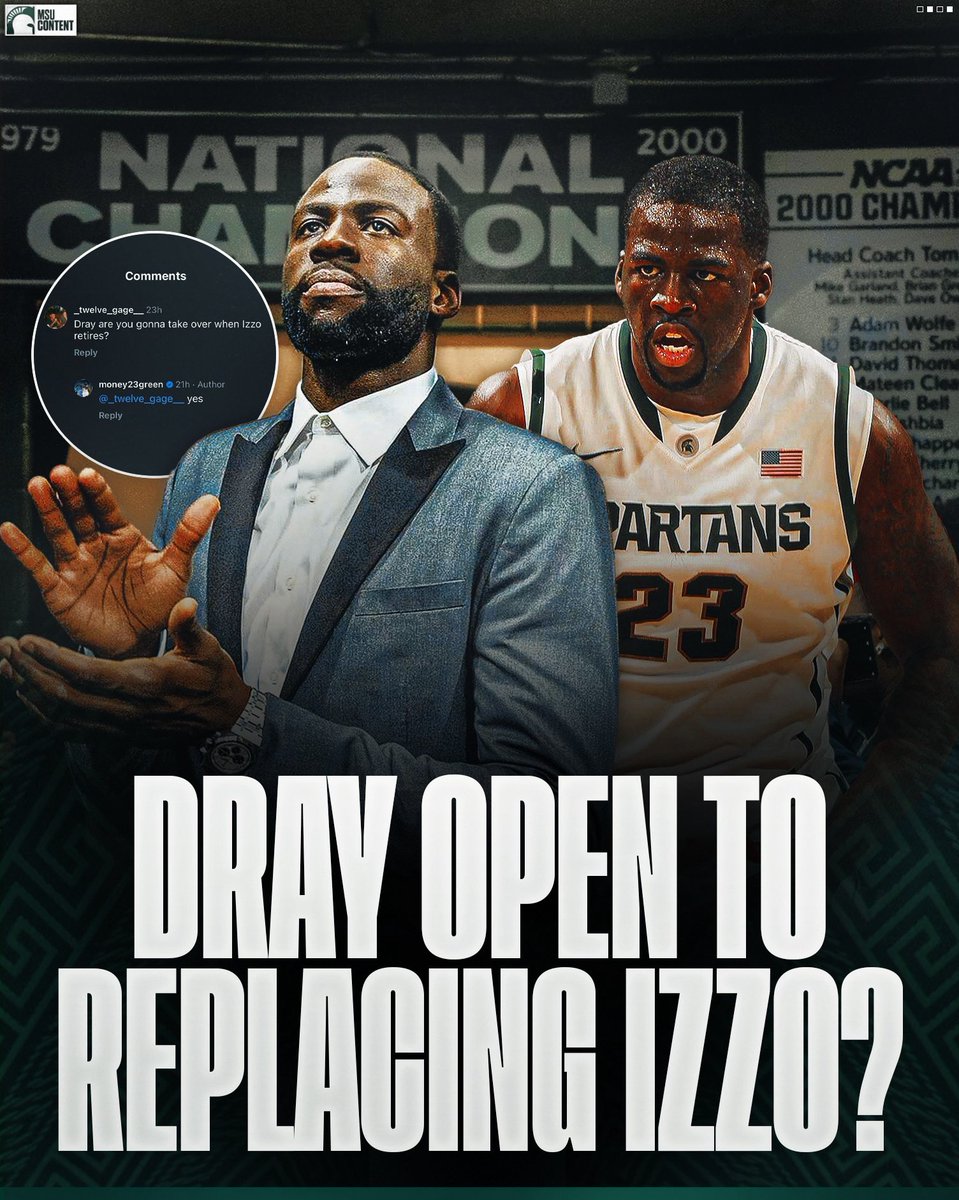 msucontent's tweet photo. It appears the thought of replacing Tom Izzo is in play for Draymond Green. 

How would you feel about Draymond taking over?🤔

Credit to @CountryMichSt finding this screenshot. https://t.co/tnLIDpP0FE