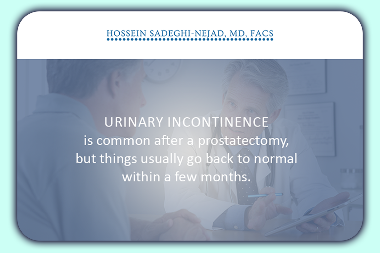Urinary incontinence is common after a prostatectomy, but things usually go back to normal within a few months. Treatments are available, too. hsadeghi.com/patient-educat…