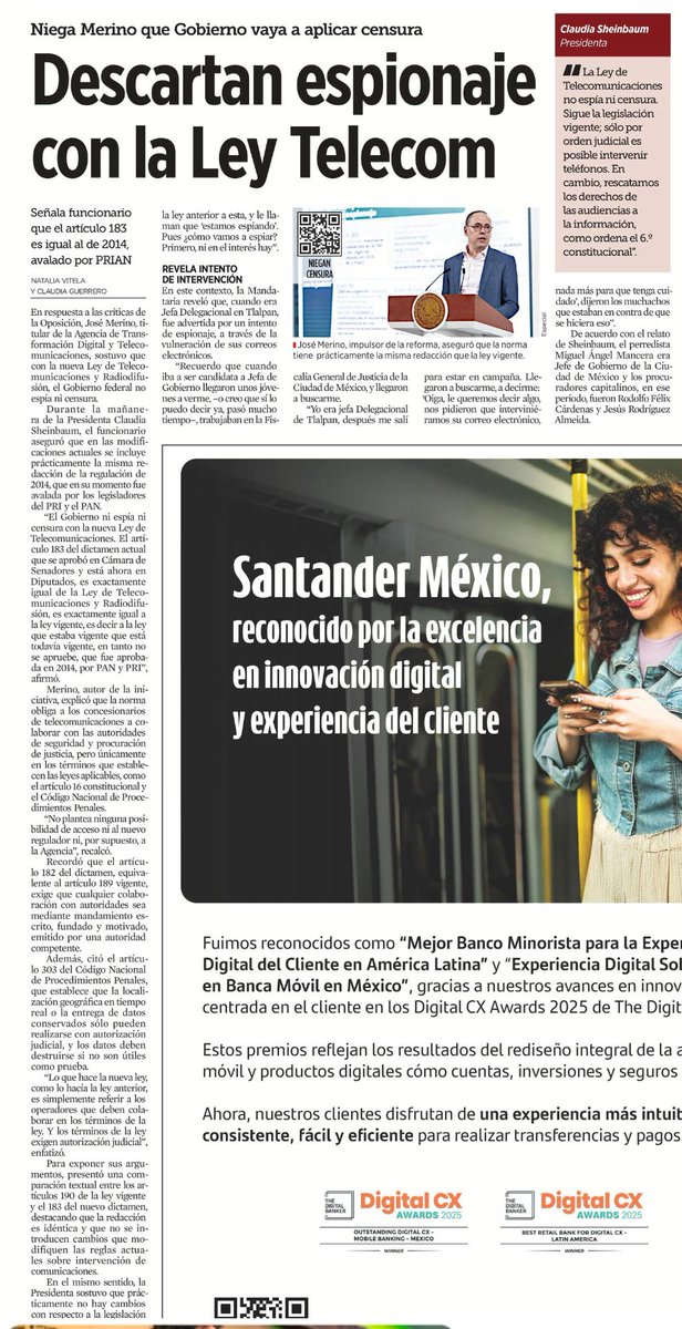 DeniseDresserG's tweet photo. Lo que José Merino  y Claudia Scheinbaum ocultan/tergiversan sobre el ecosistema de espionaje, censura y control que incluye a la Ley de Telecomunicaciones. Abro 🧵

1. Se escudan en que la ley aprobada es igual a la del 2014, que ya incluía acceso del gobierno a tus datos y a tu ubicación. No reconocen que Morena votó en contra de esa ley. @Javier_Corral @RicardoMonrealA y @LuisaAlcalde criticaron airadamente lo que hoy @PartidoMorenaMx aprueba, en una encarnación aún peor.
2. Preguntan retóricamente  “¿cómo vamos a espiar”? Pues con todo el paquete de leyes recién aprobadas que establecen CURP biométrica, geolocalización, intervención de comunicaciones privadas, fiscalización de transacciones financieras, etc. El gobierno podrá pedirle a las empresas, con el pretexto de la “colaboración judicial”, todo tipo de información sin orden de un juez. O será fácil exigirle a un juez subordinado a Morena, a raíz de la elección del Poder Judicial, que otorgue órdenes a modo. 
3. Dicen que no hay interés en espiar. ¿Entonces para qué armar un aparato estatal tan invasivo? Y se les olvida que el gobierno de AMLO usó Pegasus para espiar a periodistas y defensores de derechos humanos con el objetivo de amedrentarlos.