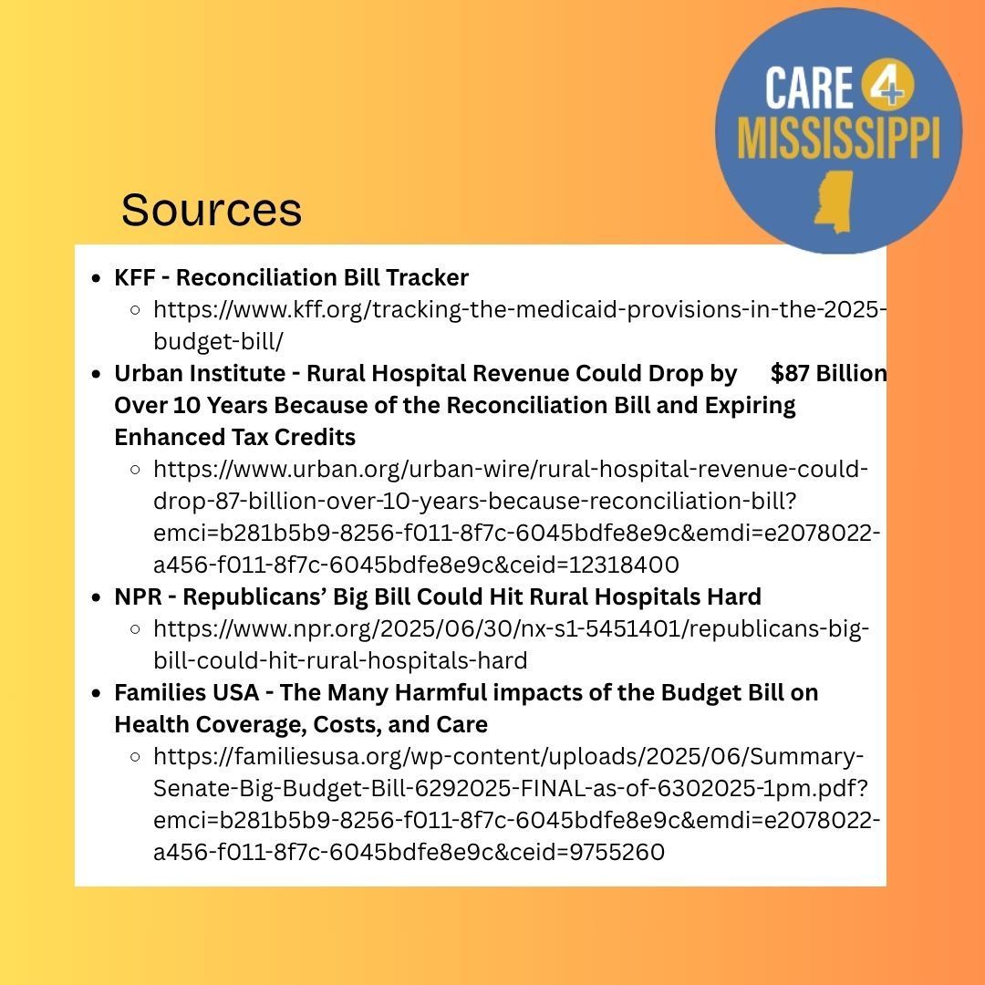 Care4MS's tweet photo. 1/2 The Reconciliation bill threatens Mississippi’s rural hospitals:
❌ Cuts provider tax flexibility
❌ Caps critical payments
❌ Risks DSH funding
❌ Could cost rural areas $87B in revenue

MS can’t afford this. Our hospitals — and communities — are at risk. #HandsOFFMedicaid https://t.co/4g8YnWBbDG