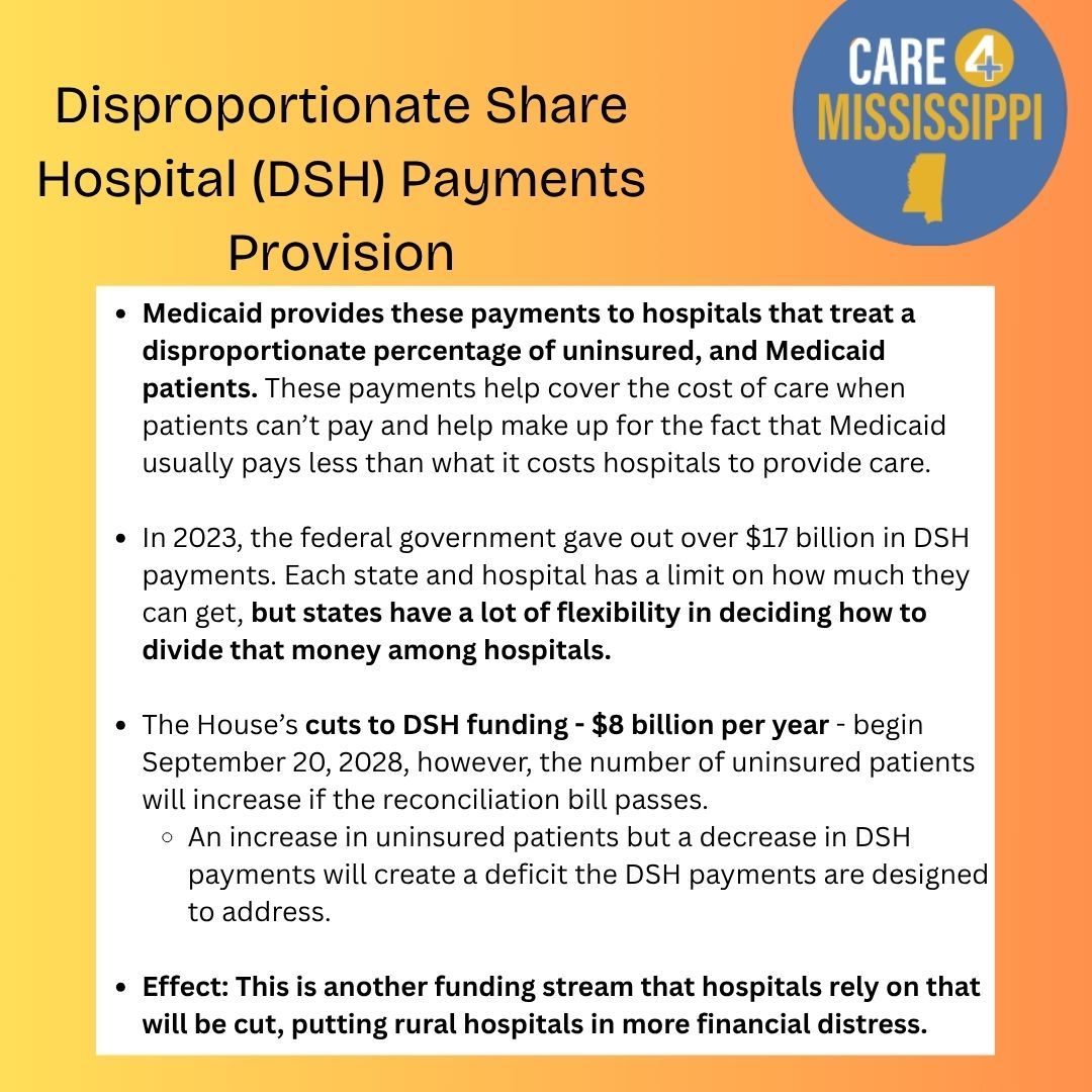 Care4MS's tweet photo. 2/2 The Reconciliation bill threatens Mississippi’s rural hospitals:
❌ Cuts provider tax flexibility
❌ Caps critical payments
❌ Risks DSH funding
❌ Could cost rural areas $87B in revenue

MS can’t afford this. Our hospitals — and communities — are at risk. #HandsOFFMedicaid https://t.co/RALeTkI92M