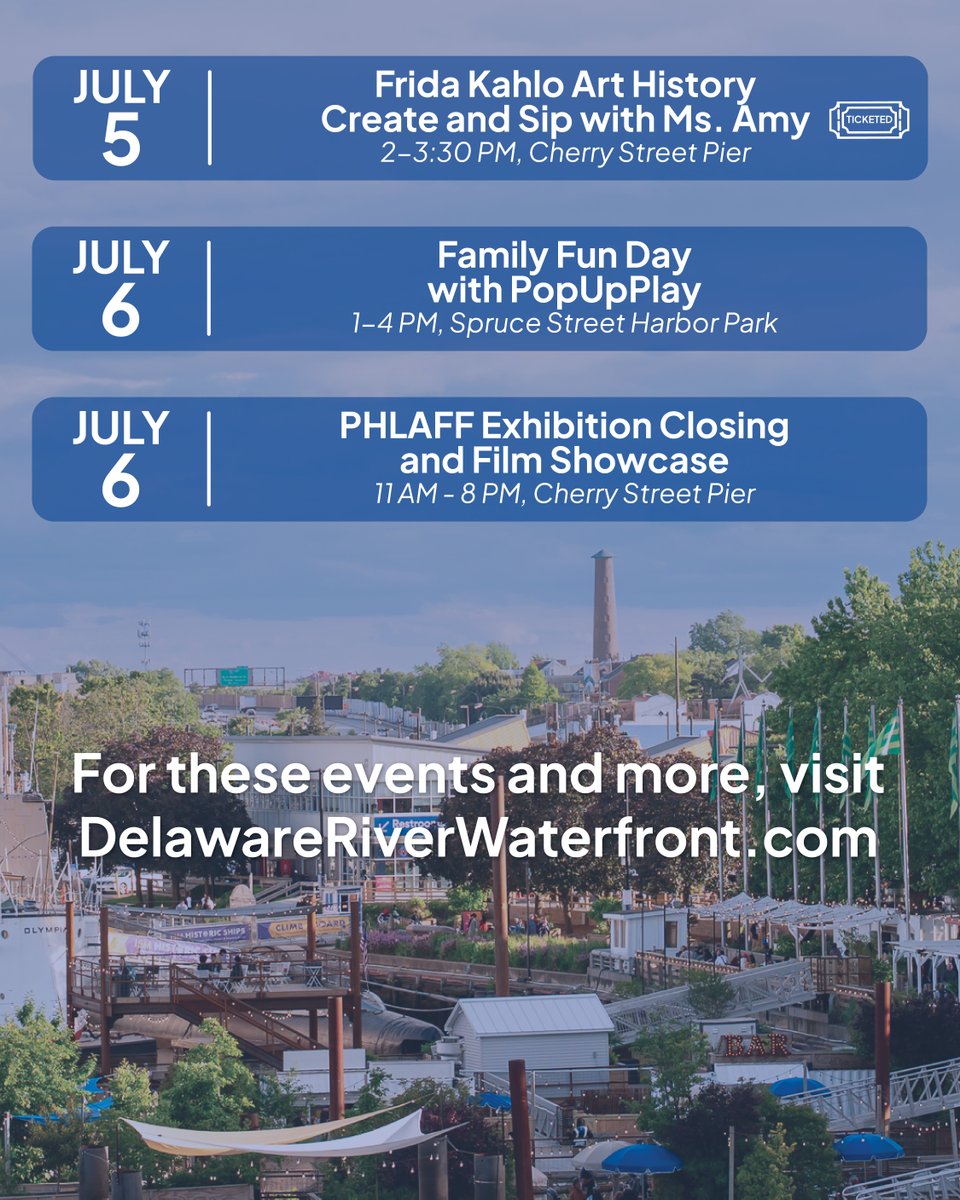 DelRiverWfront's tweet image. This week on the Waterfront = art classes, live music, film fests &amp;amp; more! We’ll be closing early (5 PM) on July 4 — but the fun’s happening all week at @cherrystpier, @SSHarborPark &amp;amp; @IBXRiverRink. 

#MyPhillyWaterfront #PhillyEvents