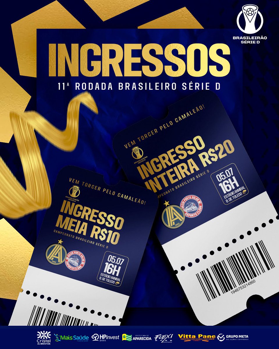 VENDA DE INGRESSOS - Aparecidense X Porto Velho 🔵🟡

Estudantes, idosos entre 60 e 65 anos e jovens entre 12 e 16 anos pagam meia!

Vendas exclusivamente no site ingressosa.com

🎟️ Inteira - R$20,00
🎟️: Meia - R$10,00