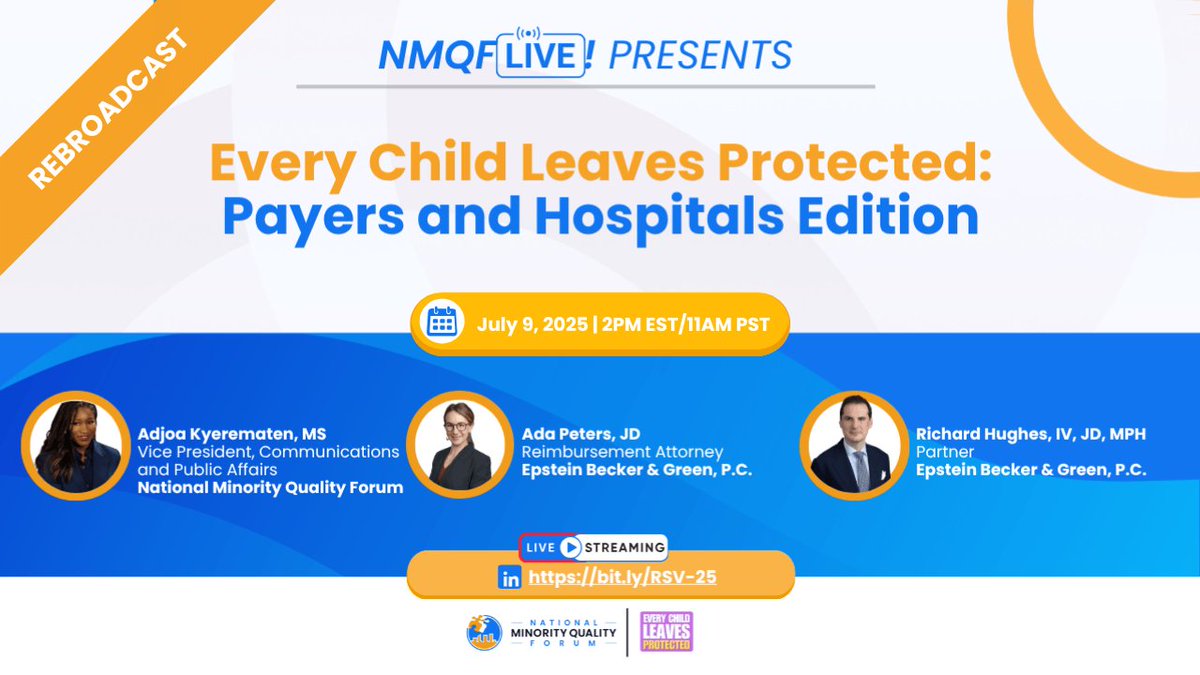 📢 Missed our NMQF Live event? 

Catch the rebroadcast of “Every Child Leaves Protected: Payers &amp; Hospitals Edition” 🎥
 
🗓️ Wed, July 9
⏰ 2PM ET | 11AM PT
🎟️ hubs.la/Q03vJLTD0
 
#NMQFLive #ChildHealth #HospitalPolicy #HealthEquity