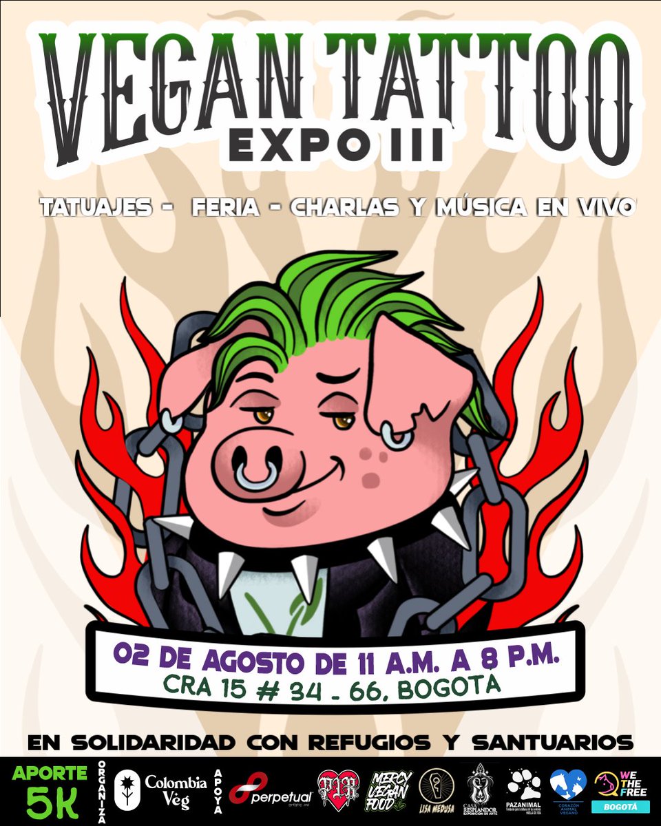 📣 Estamos a 1️⃣ mes de la Tercera Edición de la #VeganTattooExpo 🐷🎨

📅 Sábado 2 de agosto
⏰ 11:00 a.m. - 8:00 p.m.
📍 Cra 15 # 34 - 66, Teusaquillo
🎟️ Aporte: 5K

Más información aquí ⬇️
instagram.com/reel/DLnky6sxu…