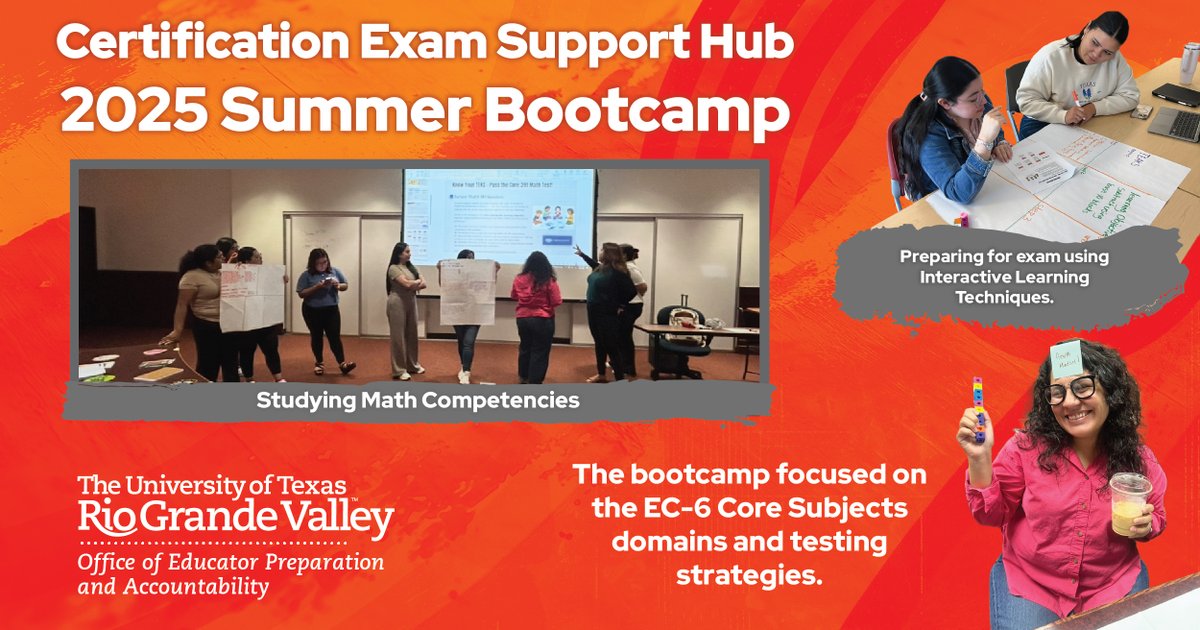 Thank you for joining our 2025 Certification Exam Support Hub Summer Bootcamp!
📍 June 16–17 in Brownsville
📍 June 24–25 in Edinburg
The bootcamp focused on the EC-6 Core Subjects domains and testing strategies. #UTRGVOEPA