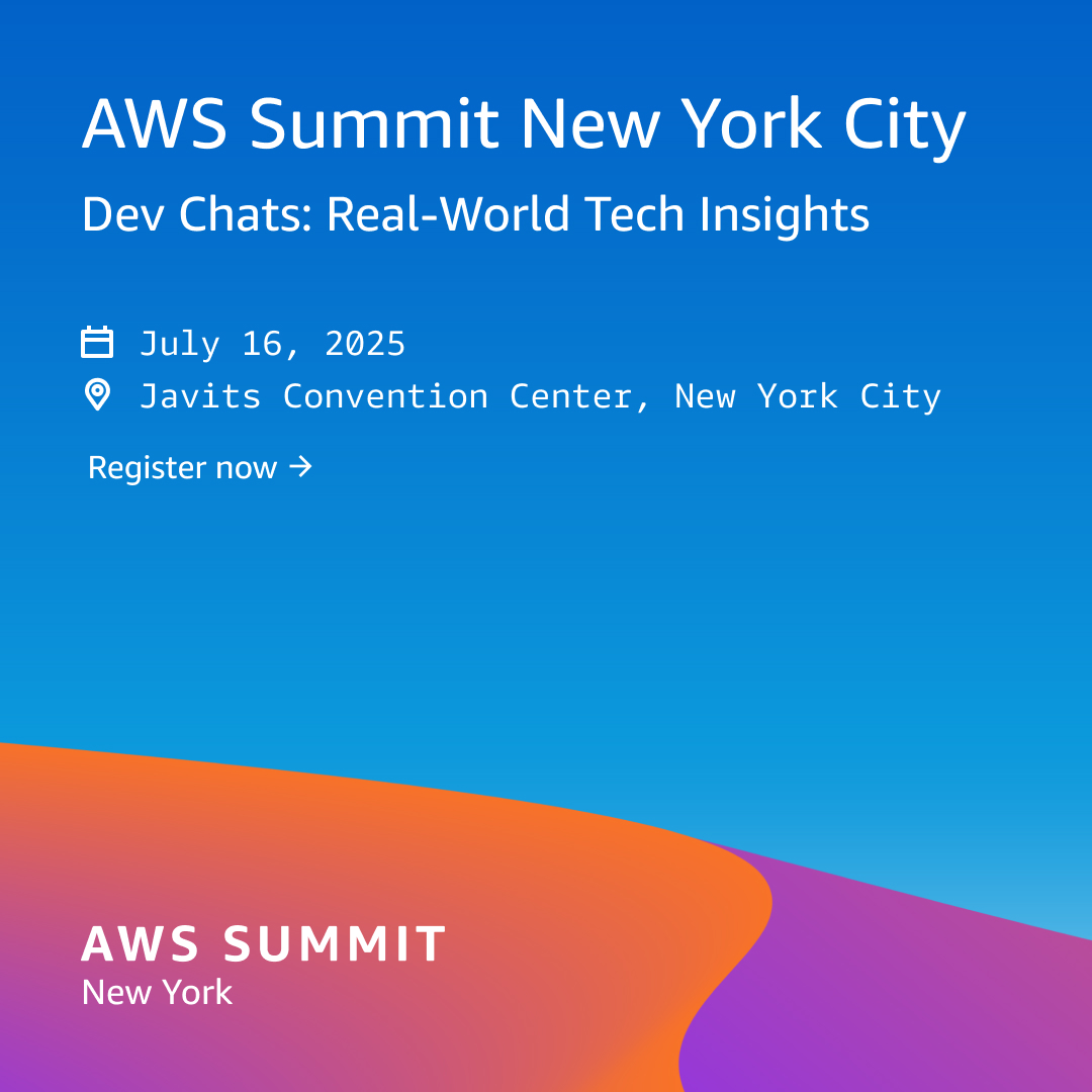 🗽 Big ideas, bigger tech: Don’t miss the Dev Chats at #AWSSummit New York City 2025! Register now! 👉 go.aws/44vru75