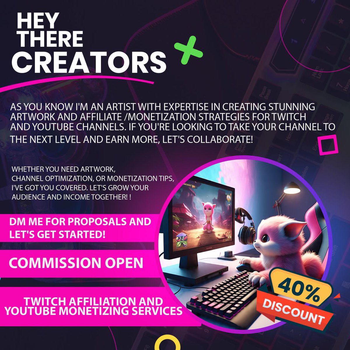 Hi Furries🐾🫶🏻💕

We are on *SALE* and offering *40% Off* on All services mentioned below:

*Twitch Affiliation 
*YouTube Monetizing 
*Twitch Partner
*Fursona-Reference Sheet-Expression Sheet
*Emotes
*Vrc Model
*SFW Pieces
*Gaming stuff

#affiliatemarketing #youtubemonetization